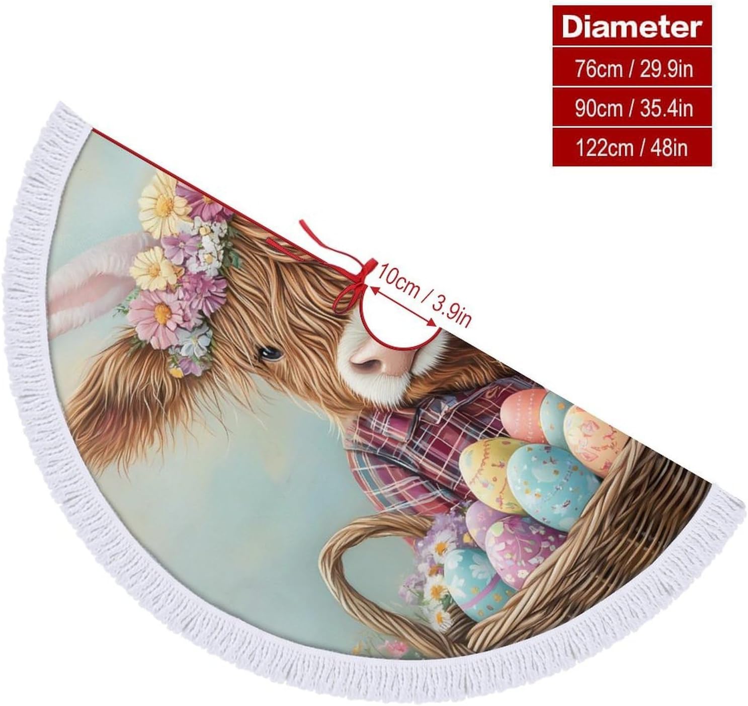 Highland Cow Easter Eggs Christmas Tree Skirt Round Xmas Tree Mat Ornaments Tree Skirts with Tassels for Holiday Party