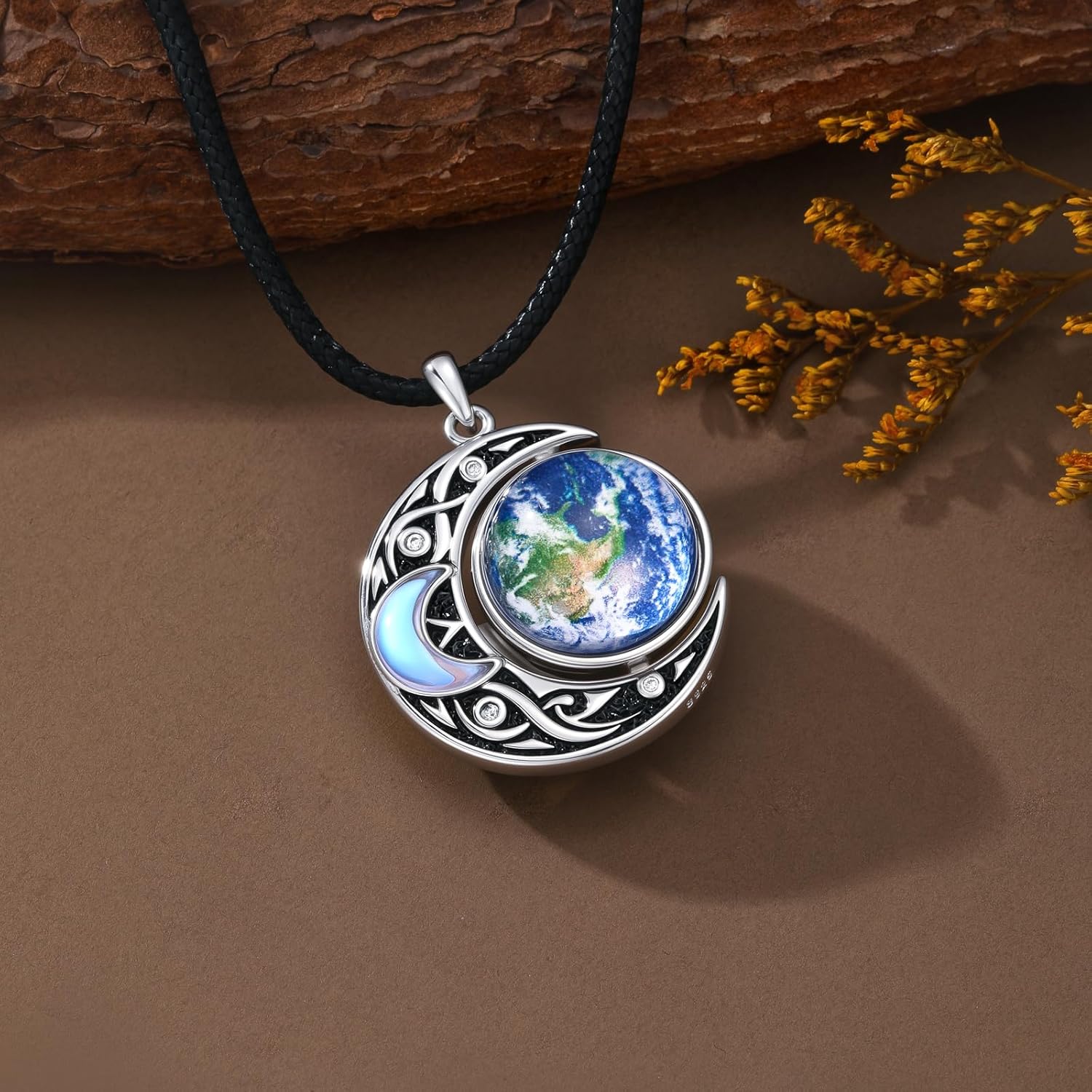 Spinning Earth Moonstone Pendant Necklace 925 Sterling Silver vintage Crescent Moon Gemstone June Birthstone Jewelry for Women Men Earth Lover - Image 5