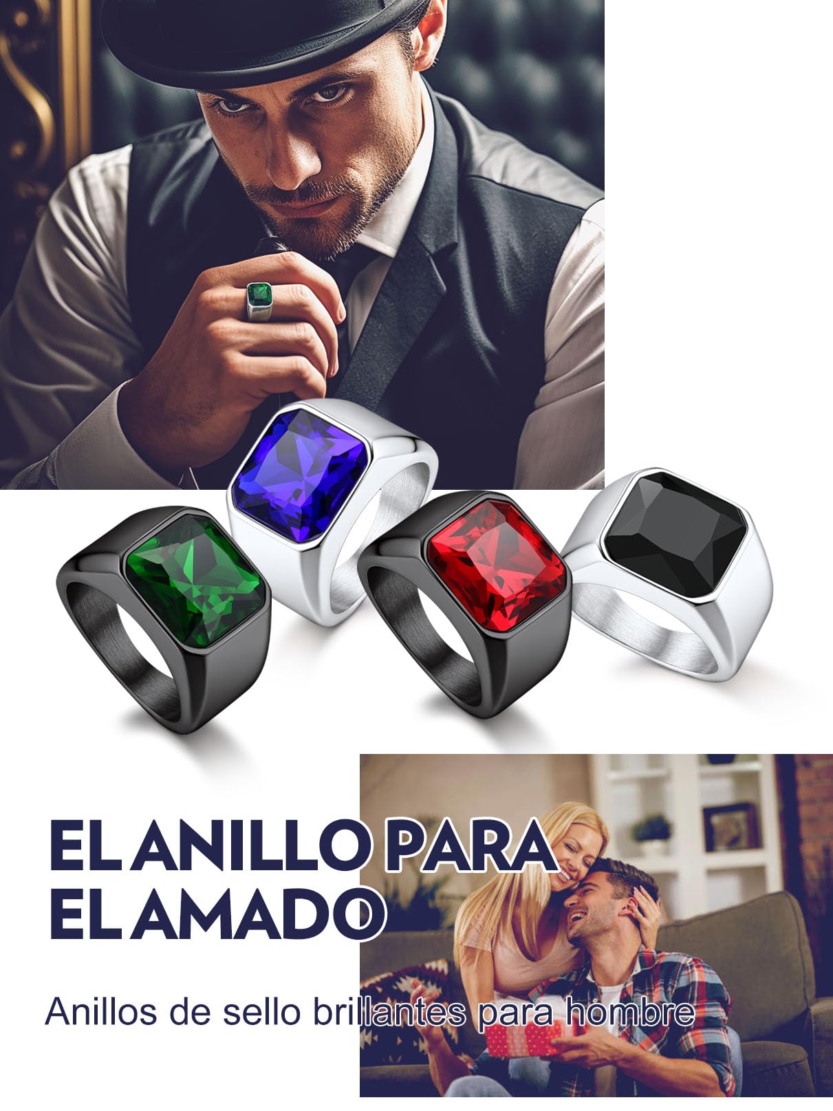 Bandmax Anillo con Piedra Verde/Rubí/Negro/Zafiro 12mm Ancho, Anillo Precioso para Hombre Mujer Tamaño 54mm a 72mm, Joyero Incluido