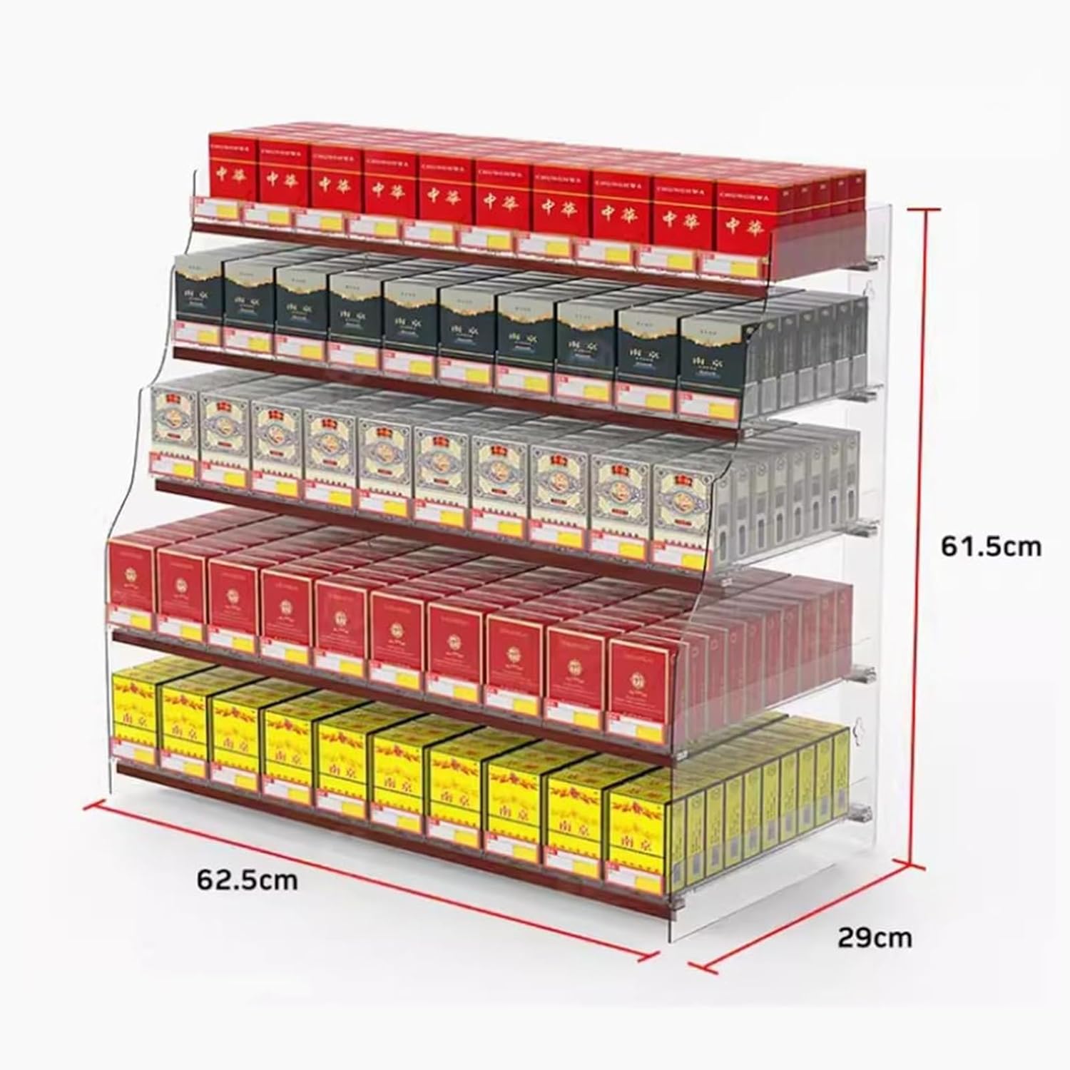 Acrylic Cigarette Display Rack with Automatic Pusher, 2-5 Tier Retail Countertop Trapezoid Showcase, Cigarette Holder for Convenient Merchandising (62.5x29x61.5cm)