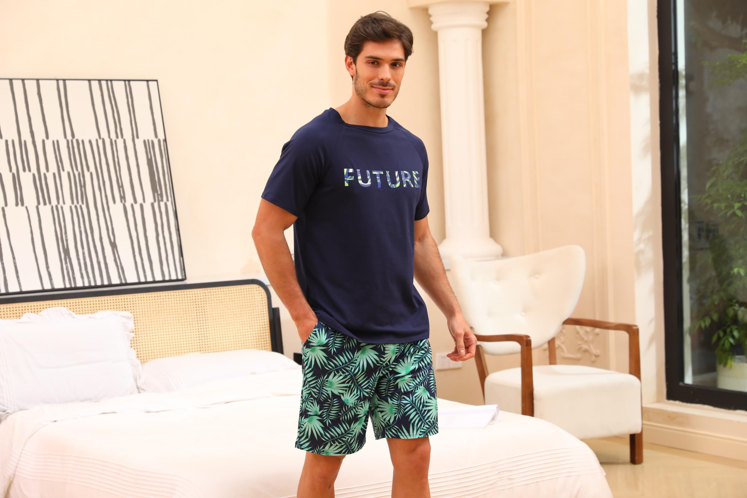 Nieery Pijamas Hombre Verano Conjunto Manga Corta Camiseta Cuello Redondo Pantalones Cortos Camuflaje con Bolsillos S-3XL