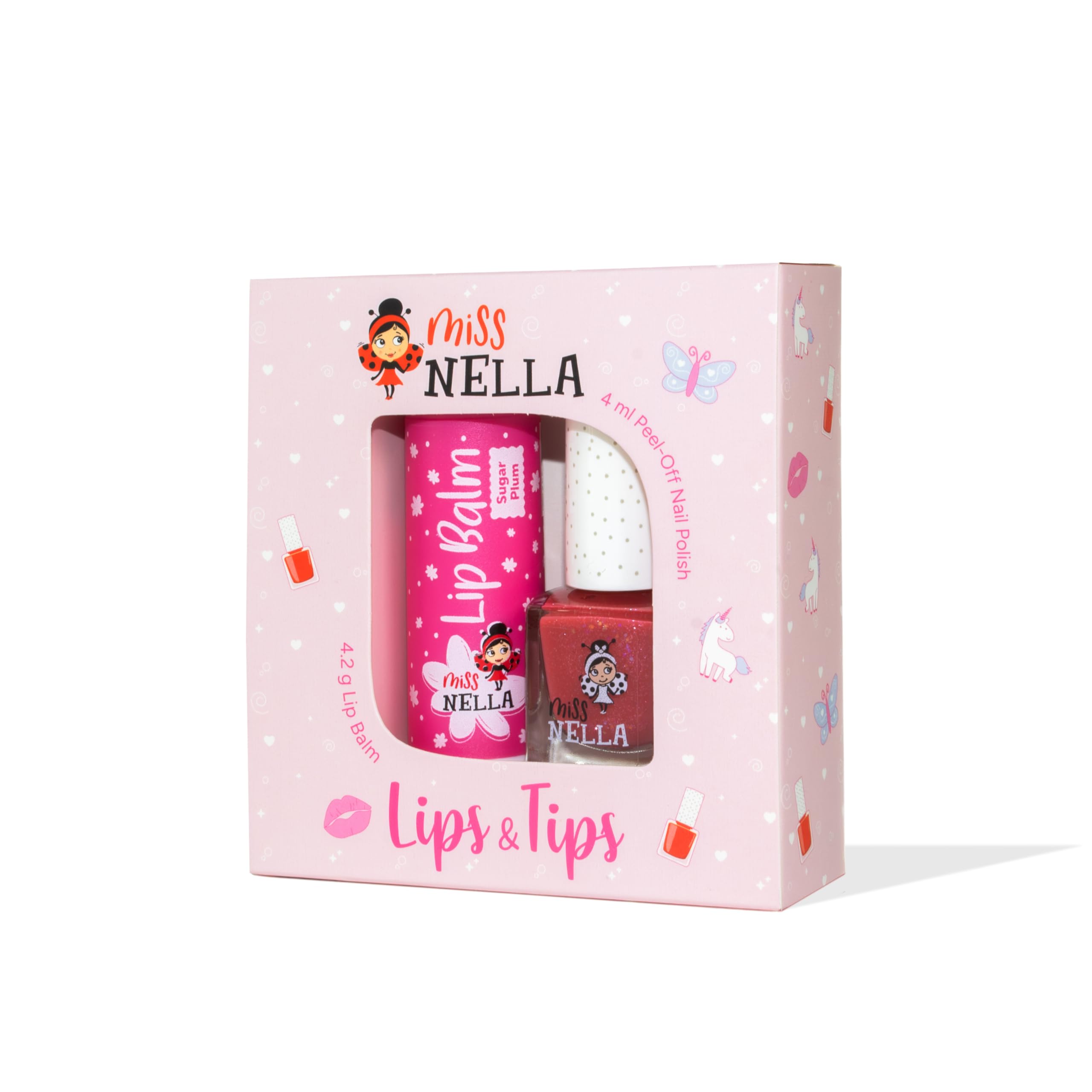 Miss Nella Nail Polis + Lip Balm set- Special Pink Peel-off Nail Polish for Kids with Water Based & Odour Free Formula + SUGAR PLUM hypoallergenic lip balm