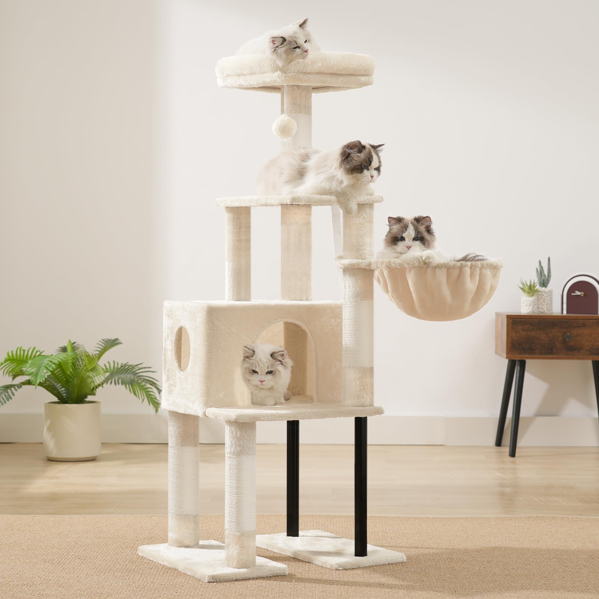 Heybly Kratzbaum, 125 cm Kleiner Katzenbaum, Geräumiges und Bequemes Kratzbaum mit Höhle, Oben Sitzstange, Sprungplattform, Kratzsäule, Korb, Stabile Metallrohre, Beige HCT200SM