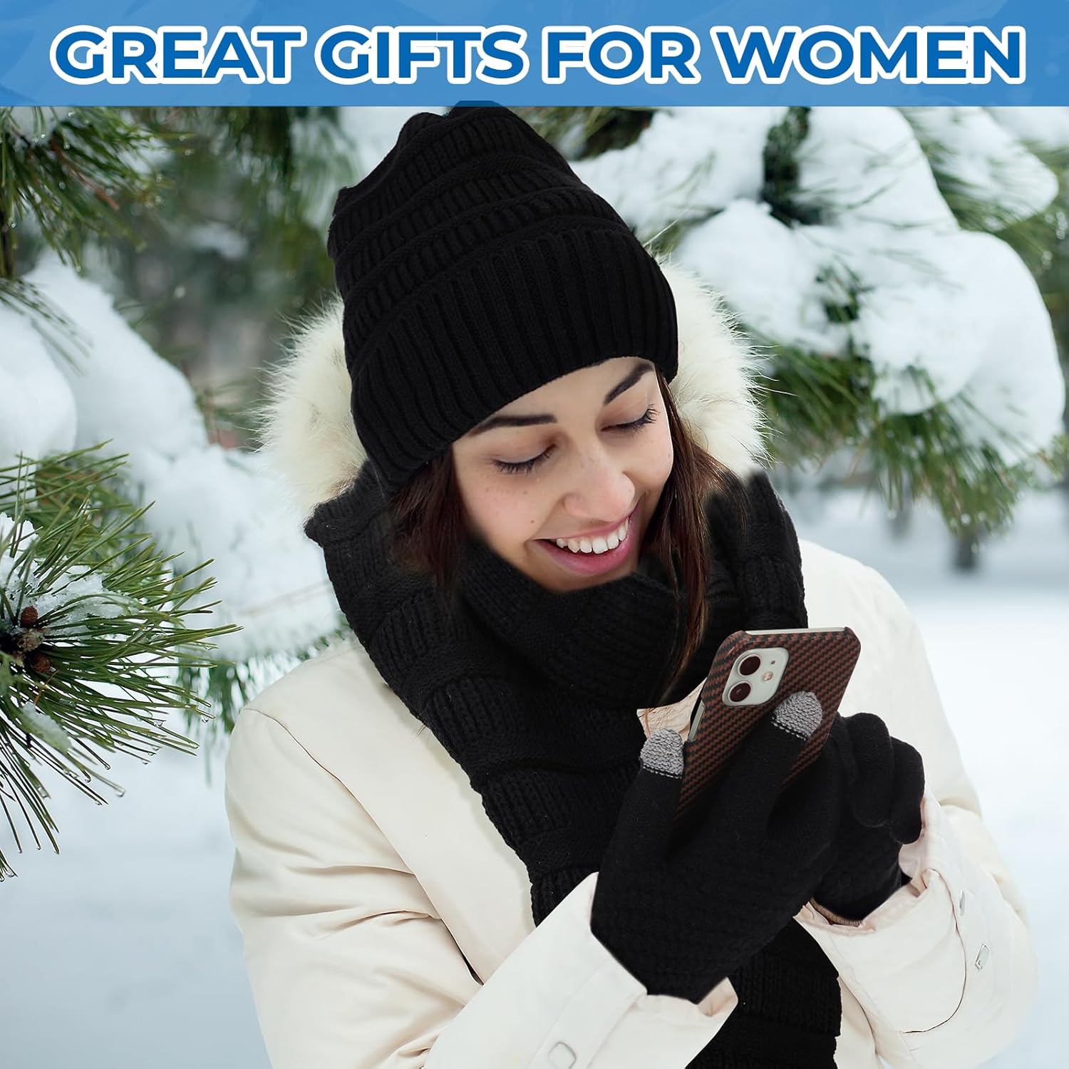 Geyoga 7 Pcs Winter Clothing Cuffed Beanie Hat Long Scarf Touchscreen Gloves Earmuff Socks Scrunchie Hairband for Women Men - Image 3