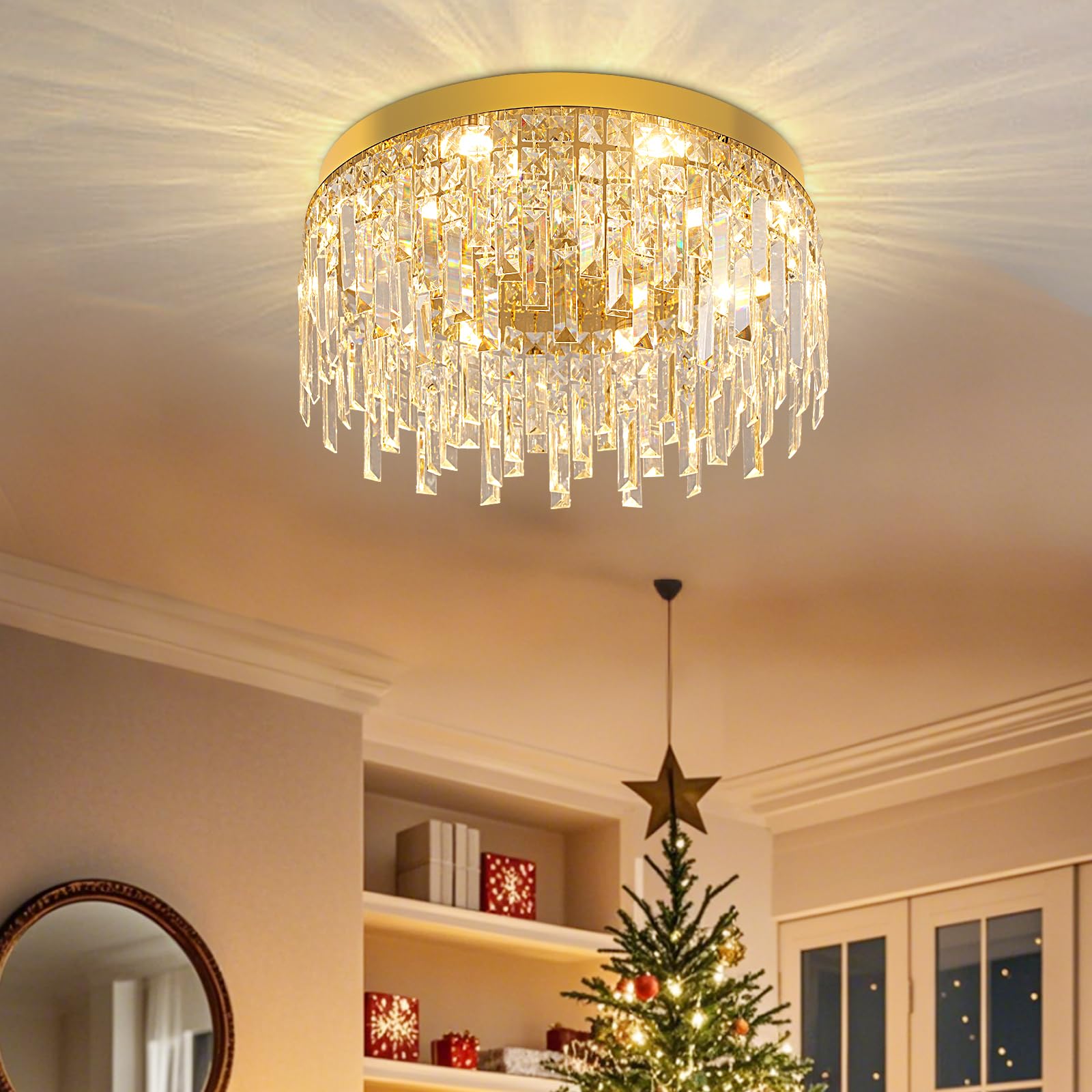 VETRULUS Crystal Chandeliers for Dining Room, Gold Round Luxury Flush Mount Crystal Ceiling Light Fixture - Modern Chandelier for Bedroom Living Room Kitchen Island