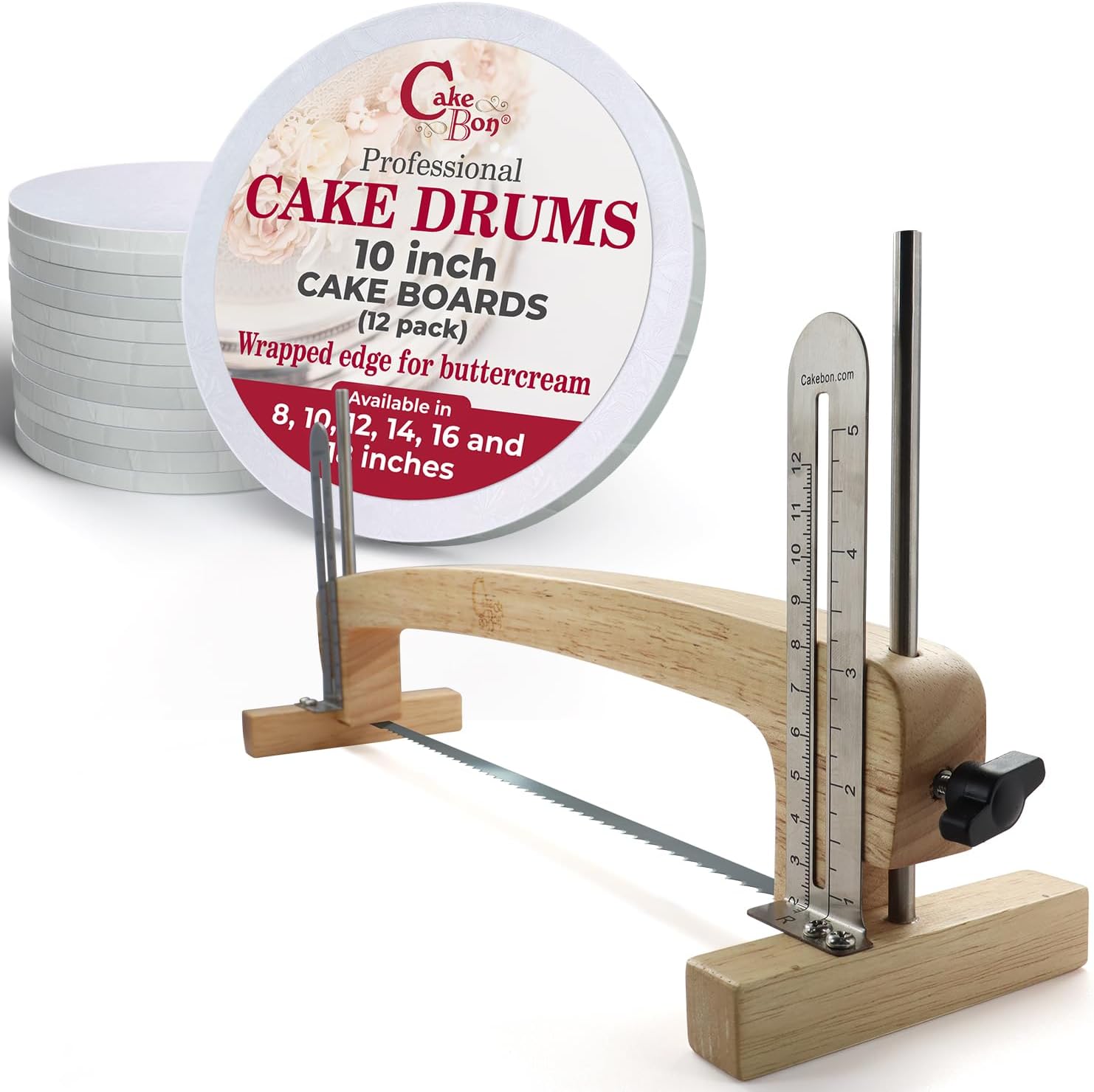 Cakebon 10 Inch Cake Boards Bundle with Premium Cake Leveler - Sturdy 12 Pack Wrapped Edge 1/2 Thick Cake Drums & Professional Cutting Tool for Bakers