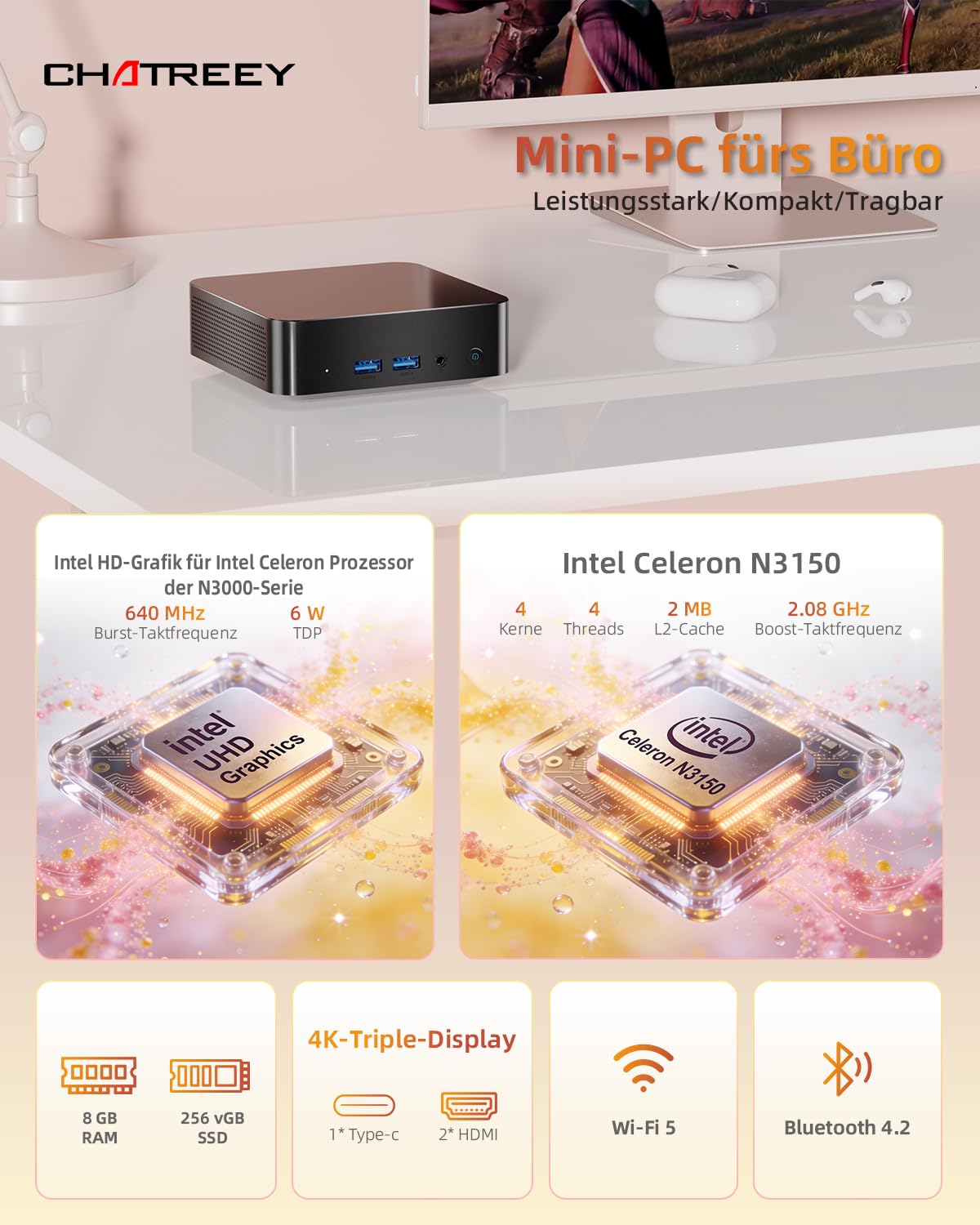 Mini PC N3150 (4 Kerne/4 Threads, bis 2,08 GHz), 8 GB RAM + 256 GB SSD, Dual USB-C Mini Computer, 2× 2K Display, WiFi 5, Bluetooth 4.2, RJ45 LAN, USB 3.0, 6 W TDP, kompakt & energieeffizient