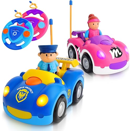 2 Pack Cartoon Remote Control Cars - Police Car & Race Car for Toddlers 2-4 Year RC Distance 164 Feet with LED Lights & Music, Toddler Remote Control Cars Ages 2-4 Boy Girl Christmas Birthday Gifts
