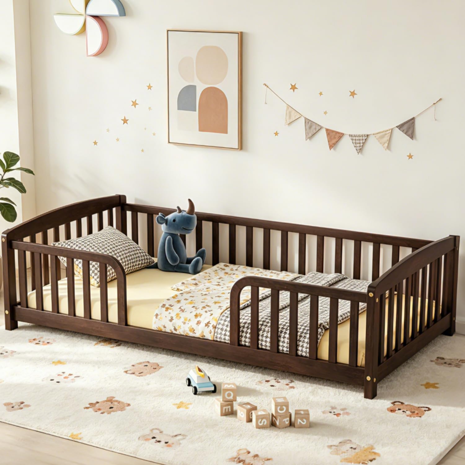 Bellemave Twin Montessori Floor Bed with Central Entrance and Full Surrounding Guardrails, Low Pine Wood Twin Floor Bed Frame for Girls, Boys, No Box Spring Needed, No Slats,Espresso