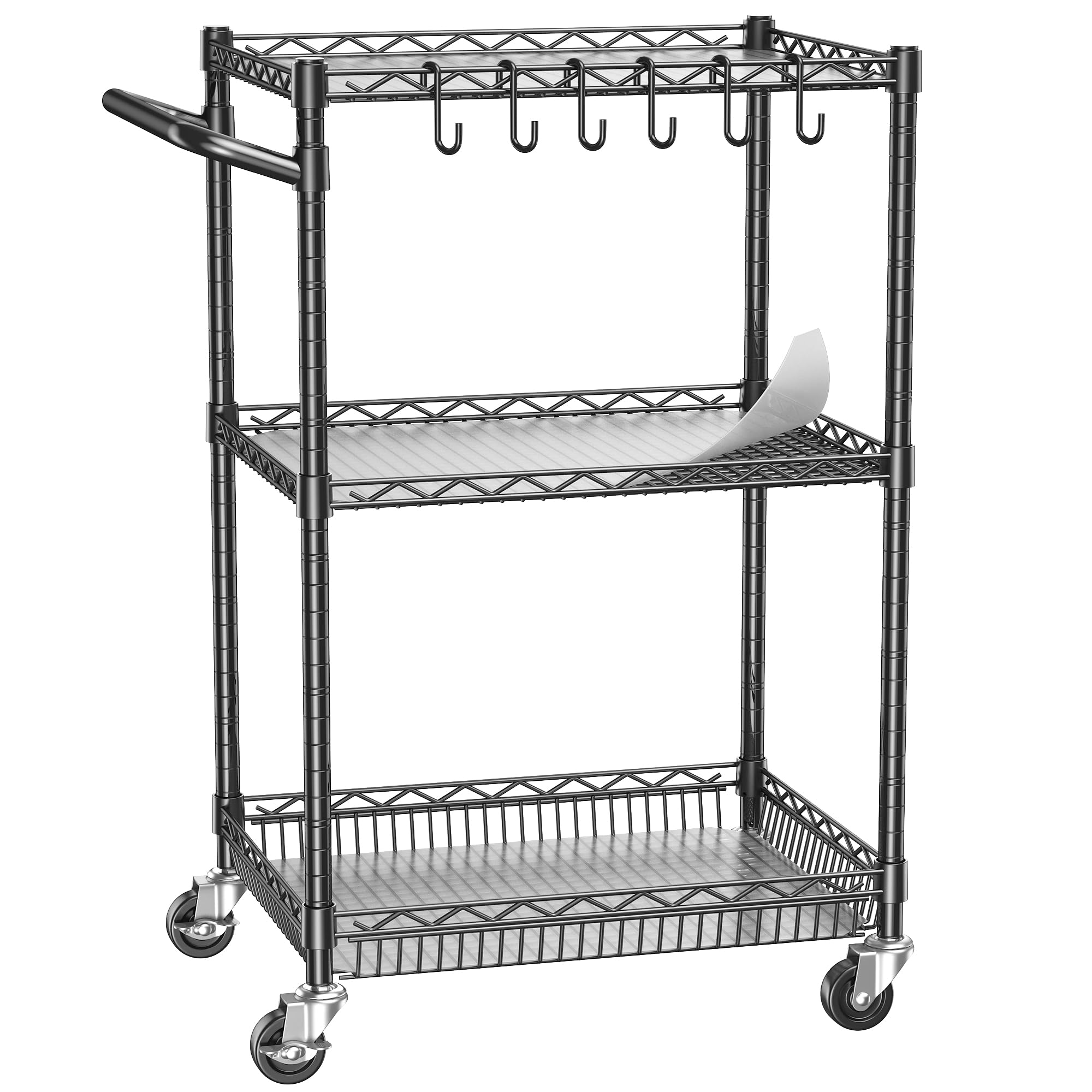 Utility Cart with Wheels, 3 Shelf Rolling Cart, Kitchen Trolley with Handle Bar&Shelf Liner, Commercial Grade Mobile Metal Storage for Kitchen, Living Room, Laundry, Grocery
