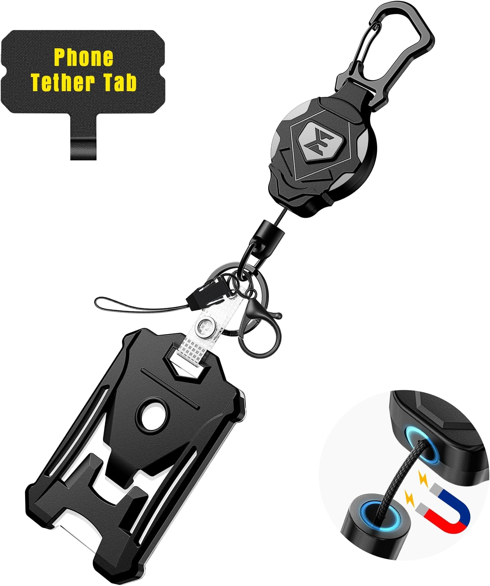 ELV Heavy Duty Retractable Keychain with Magnetic Closure and Carabiner, Retractable ID Badge Holder Clip, Retractable Badge Reel with 31” Dyneema Cord, Key Ring, Lobster Claw Clasp and Phone Tethers
