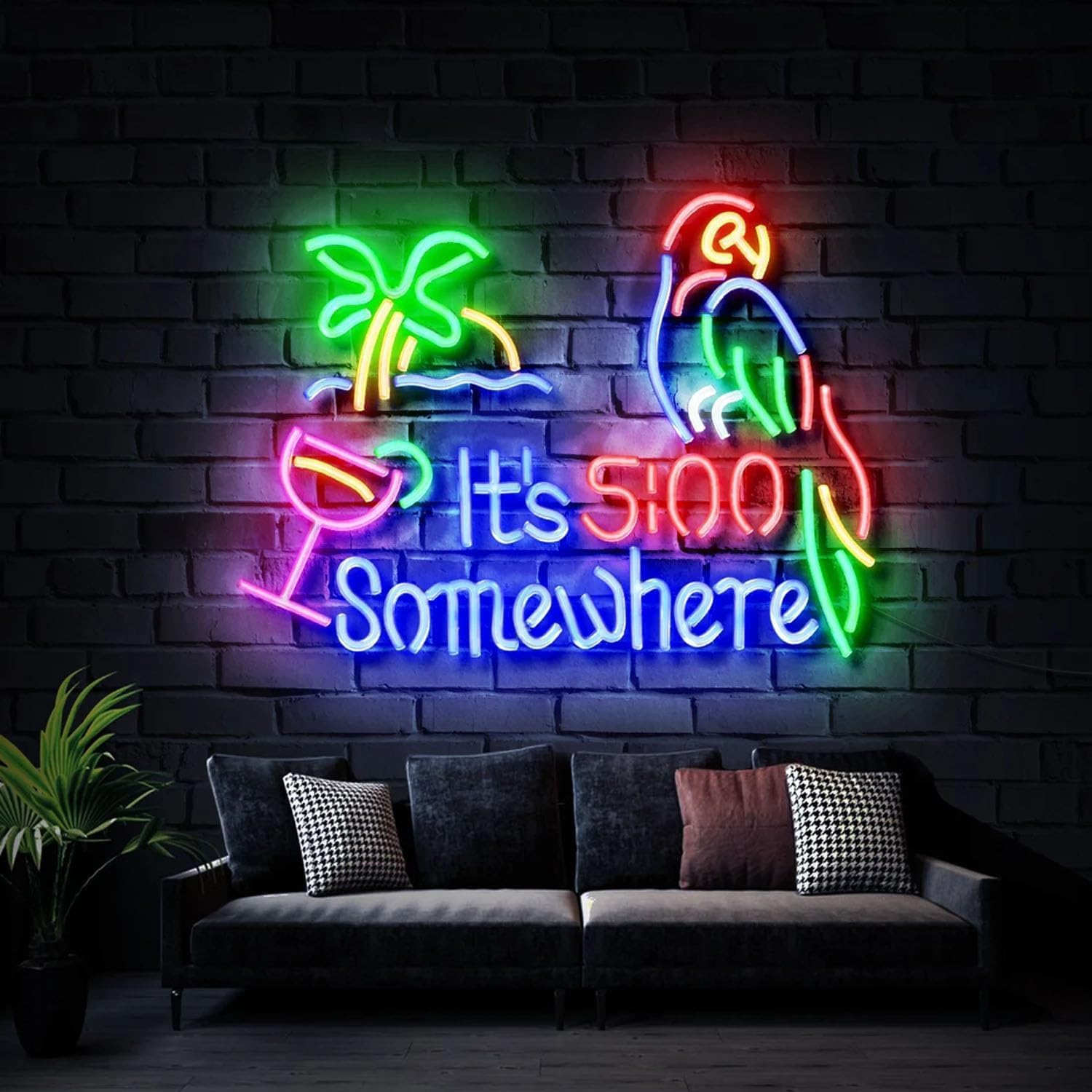 it's 5 O'clock somewhere Neon Sign for Wall Decor, Coconut Tree Led Light Sign, Parrot Neon Light Signs, Beach Neon Sign, Cocktail Neon Sign, Tiki Bar Logo Outdoor Neon Sign. Size:30inch