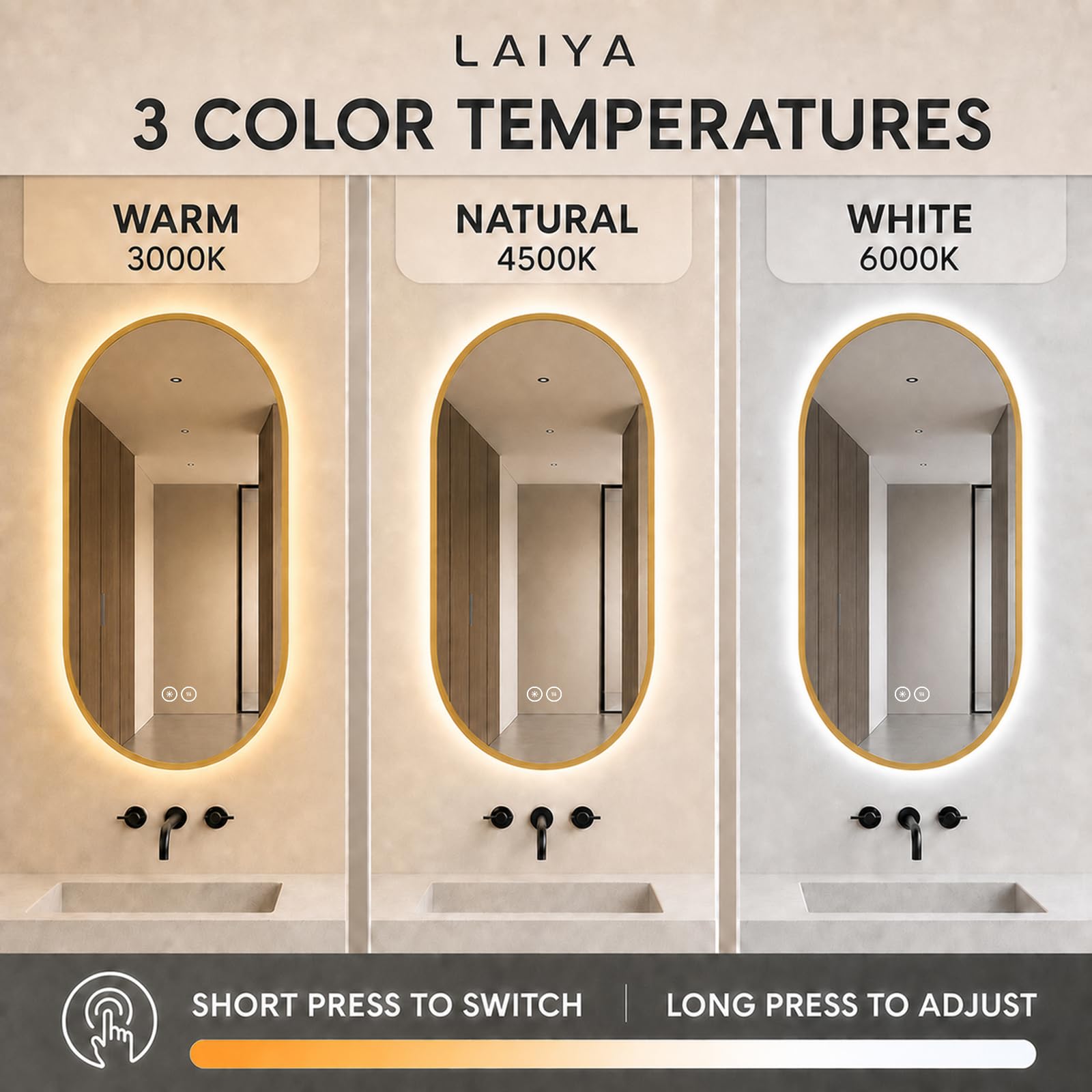 LAIYA Specchio da bagno ovale a LED, 33 x 20, cornice in alluminio dorato, retroilluminato, anti-appannamento, dimmerabile, funzione memoria