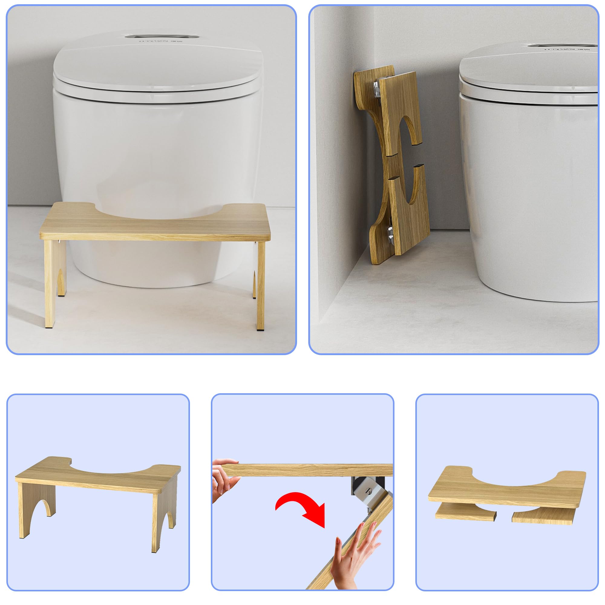 Tabouret de toilette pliant en bambou pour adultes - Pour une position accroupie - 17,8 cm - Antidérapant - Tabouret de toilette pour adultes, aide pour enfants et personnes âgées, portable et peu