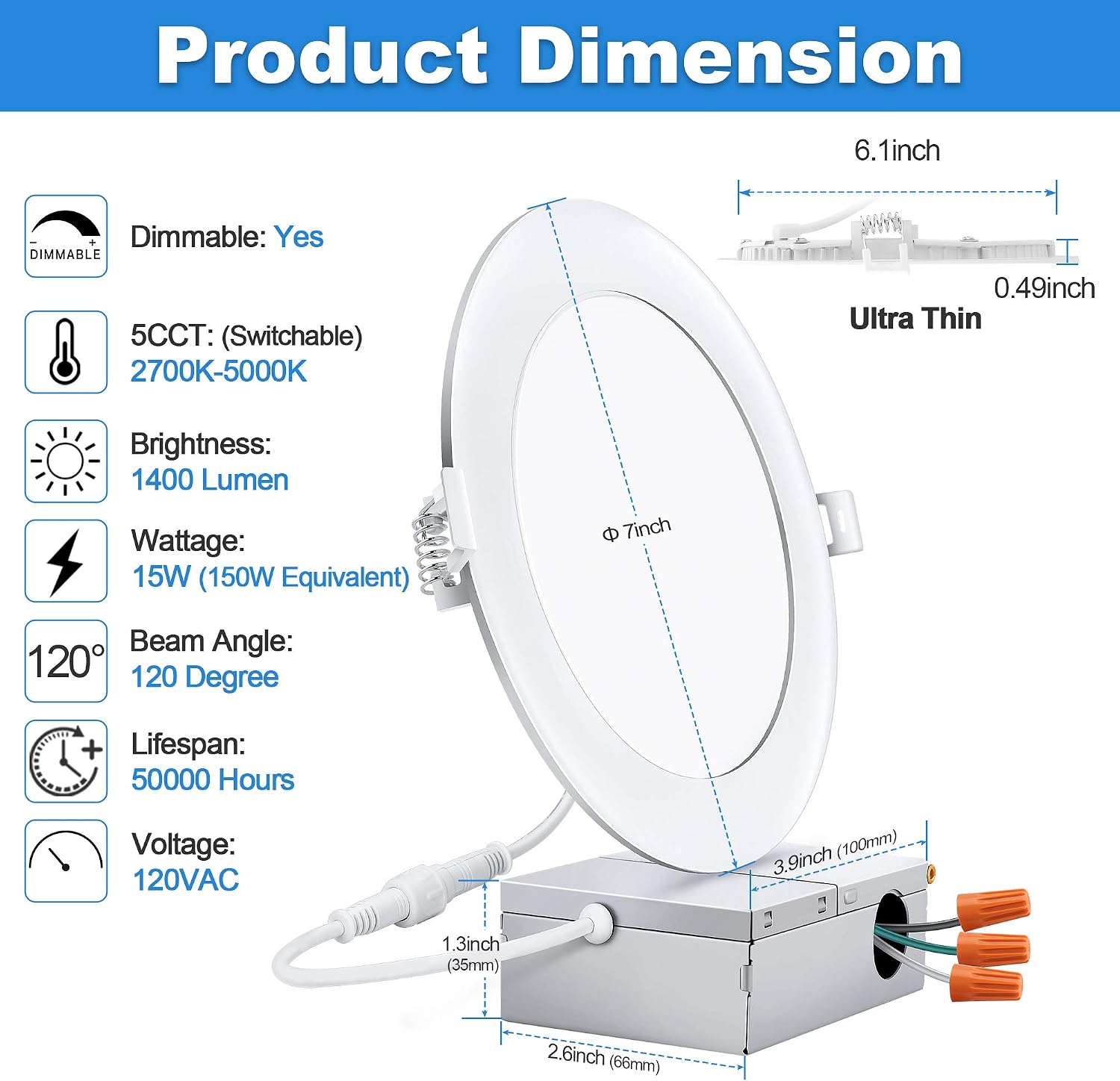 🔥 6 Inch 5CCT Ultra-Thin LED Recessed Ceiling Light with Junction Box, 2700K-5000K Selectable, 15W Eqv 150W, 1400LM High Brightness, Dimmable Canless LED Downlight Slim Recessed Lighting, 6 Pack