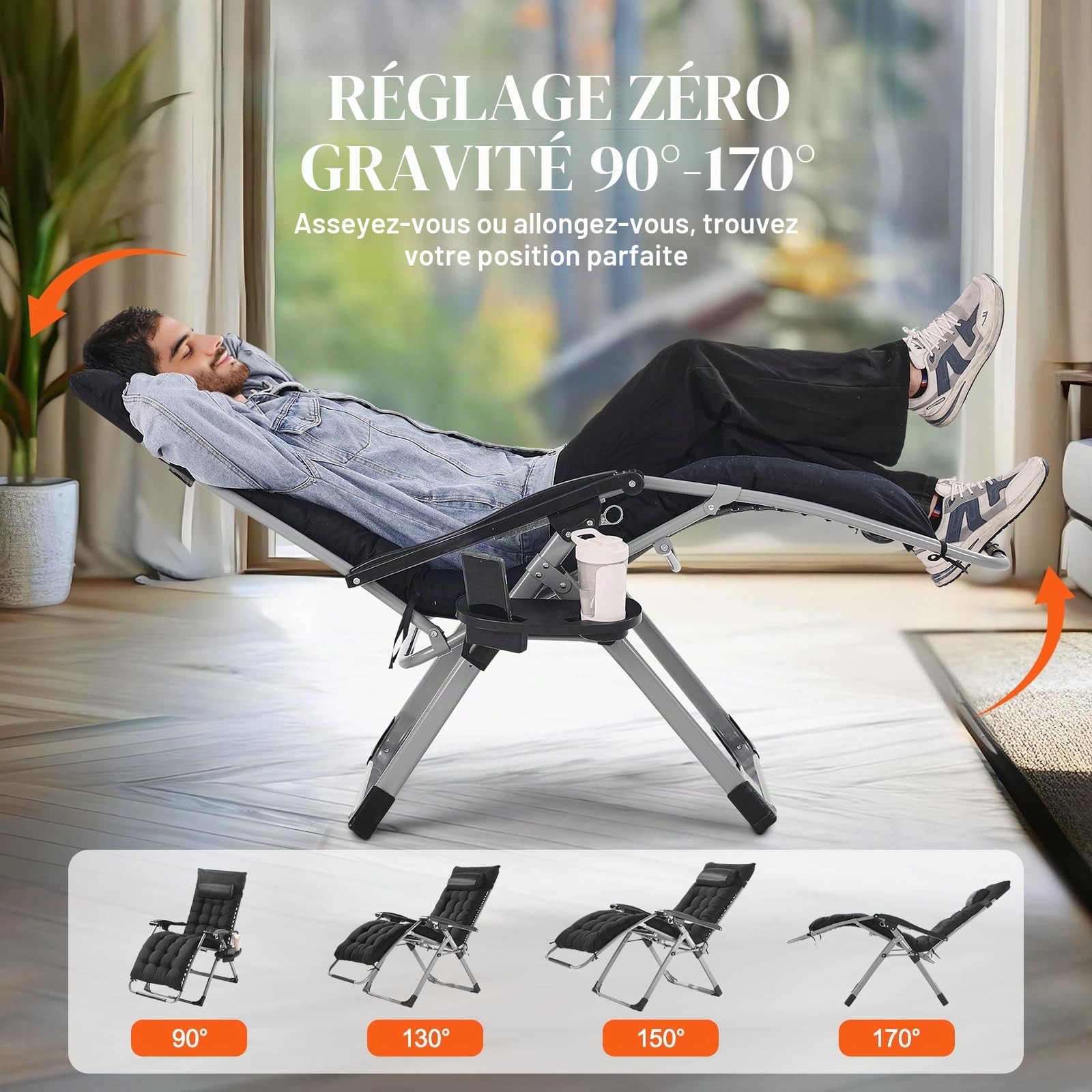 VEVOR Fauteuil Inclinable Zéro Gravité, 645 mm, Transat Relax Jardin pour Intérieur Extérieur, Chaise Longue Anti-gravité Réglable avec Coussin, Appui-tête, Repose-pieds, Porte-gobelet, 226,8 kg, Noir