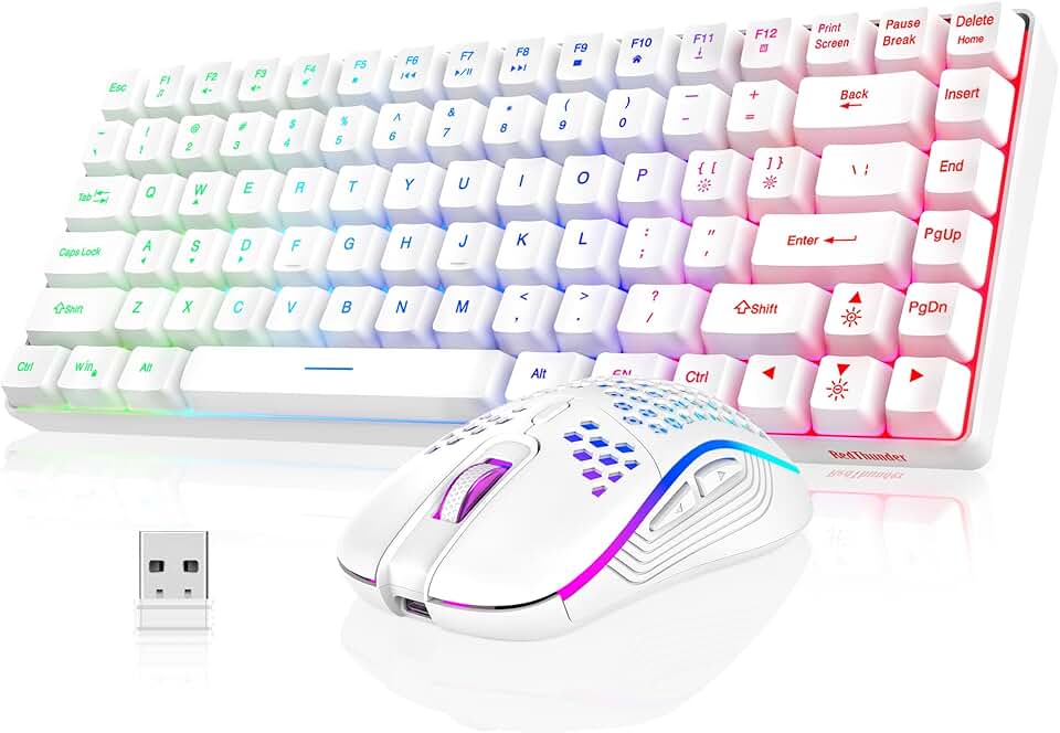 RedThunder Combo de teclado e mouse sem fio K84, bateria recarregável com retroiluminação arco-íris, teclado para jogos ultra compacto TKL 75% Layout e mouse óptico de colmeia leve de 3200 DPI (branco