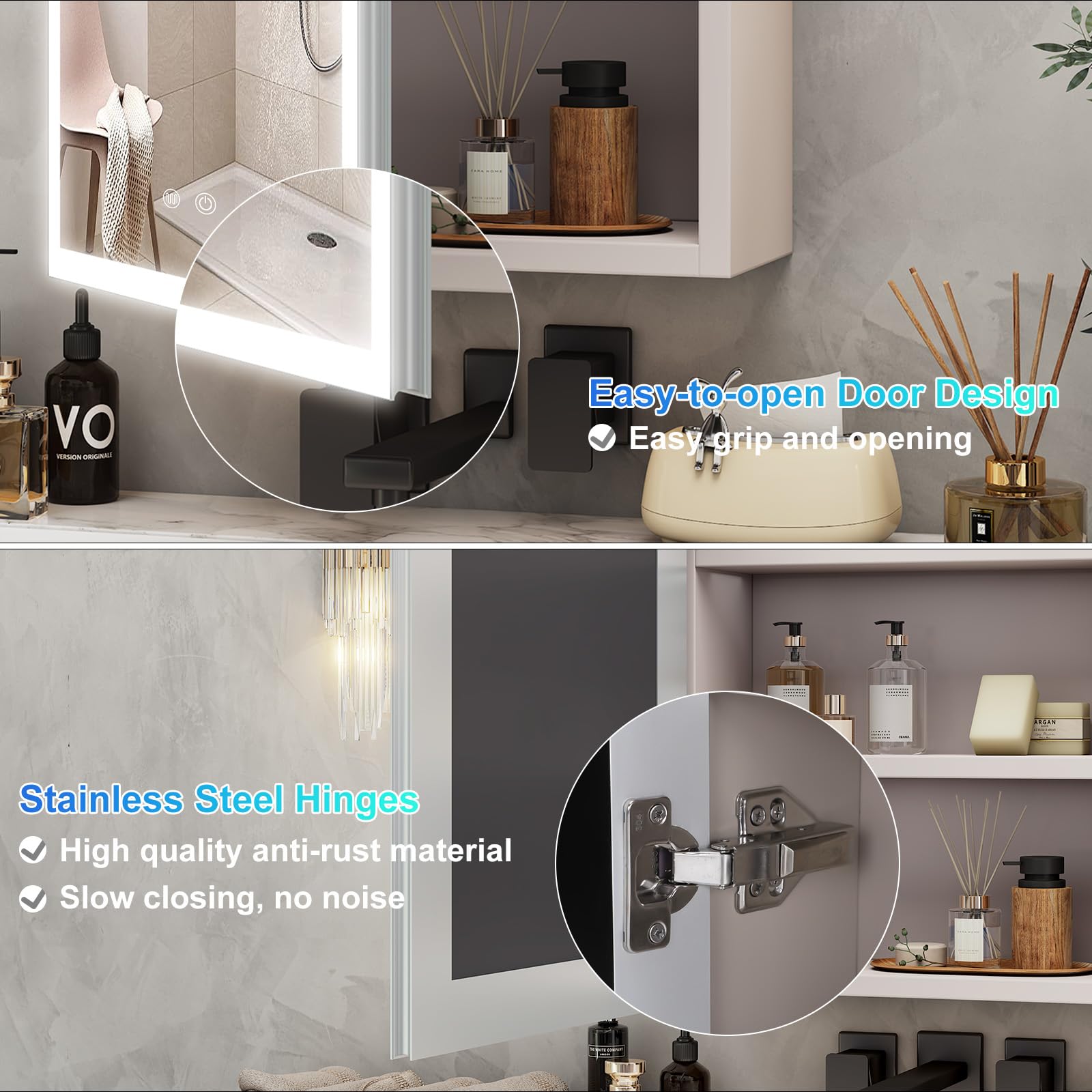 Armario con espejo con iluminación – 56 × 40 cm armario espejo baño con espacio de almacenamiento, armario con espejo de baño con luces LED regulables regulables con función demist, color