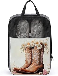 Bolsa para zapatos de golf con diseño de botas de vaquera, color marrón, flores blancas, para viajes, uso diario, antipolvo