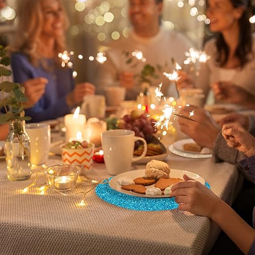 Miniatura 7 de Juego de 6 manteles individuales redondos de color azul turquesa con purpurina brillante, manteles individuales de 15.4 pulgadas para cocina, mesa