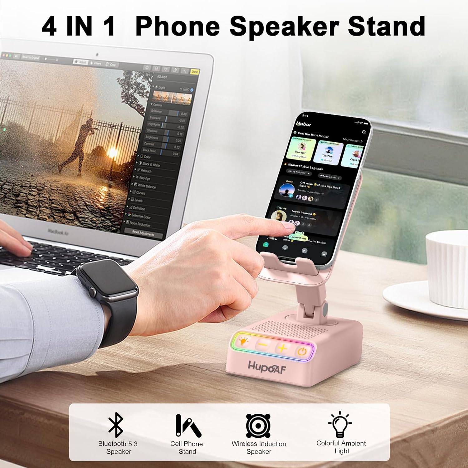 Hupoaf Adjustable Cell Phone Stand with Wireless Induction Bluetooth Speaker, HD Surround Sound for Home and Outdoors, Compatible with iPhone/Samsung Galaxy, 2026 Birthday Gifts for Men Women Dad Mom