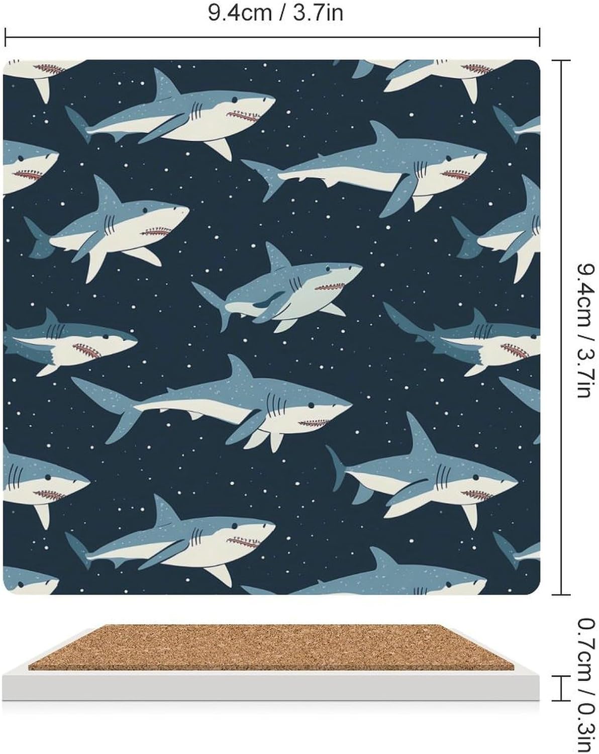 Dark Blue Sharks Funny Ceramic Coasters for Drinks Absorbent Cup Holder Tabletop Protector with Cork Base