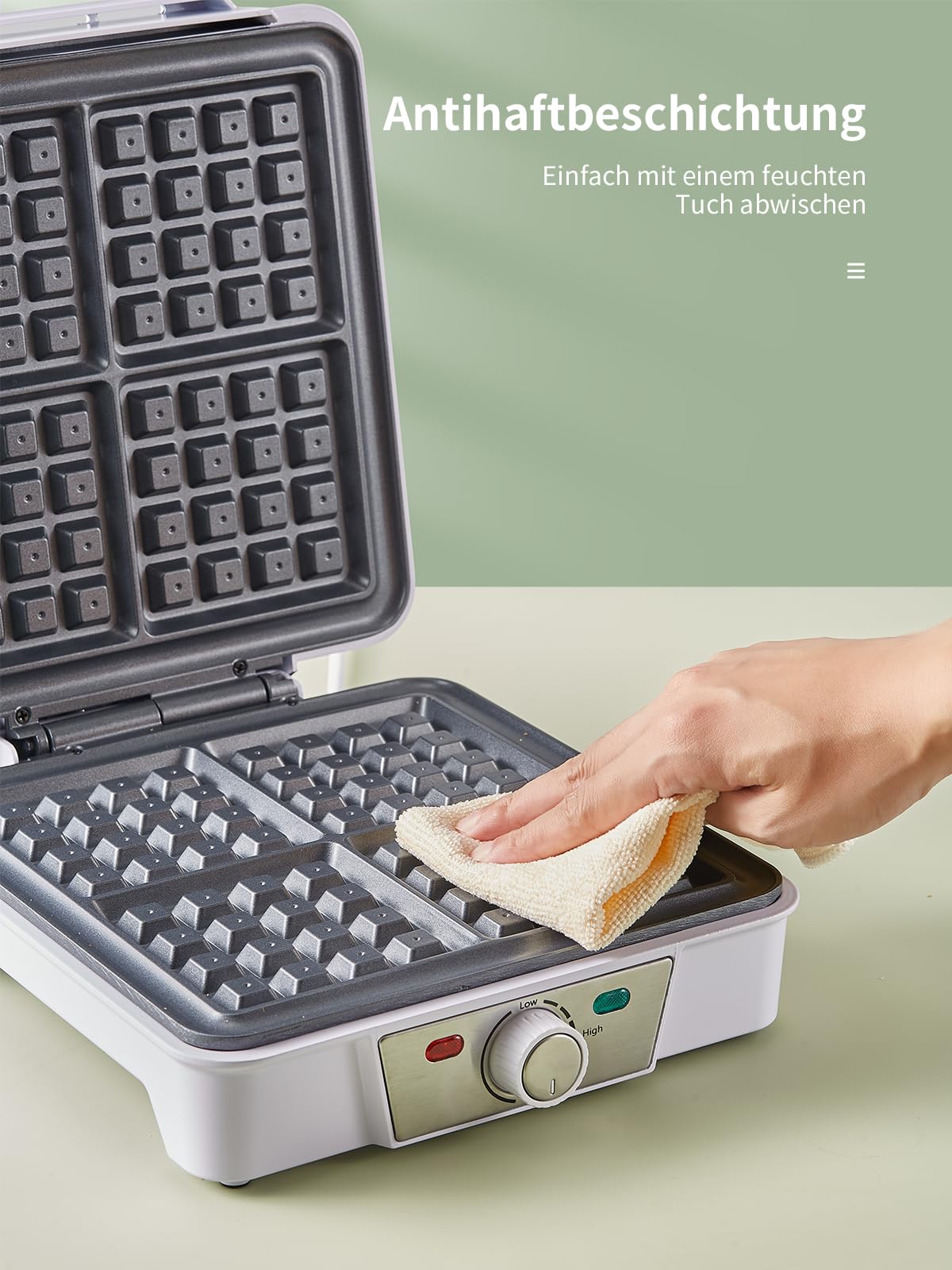 Macchine per Waffle Belgici 4 Porzioni – Waffle Maker 1200W con 5 Livelli di Doratura, Piastra Antiaderente, Anti-Tracimazione e Spie Luminose