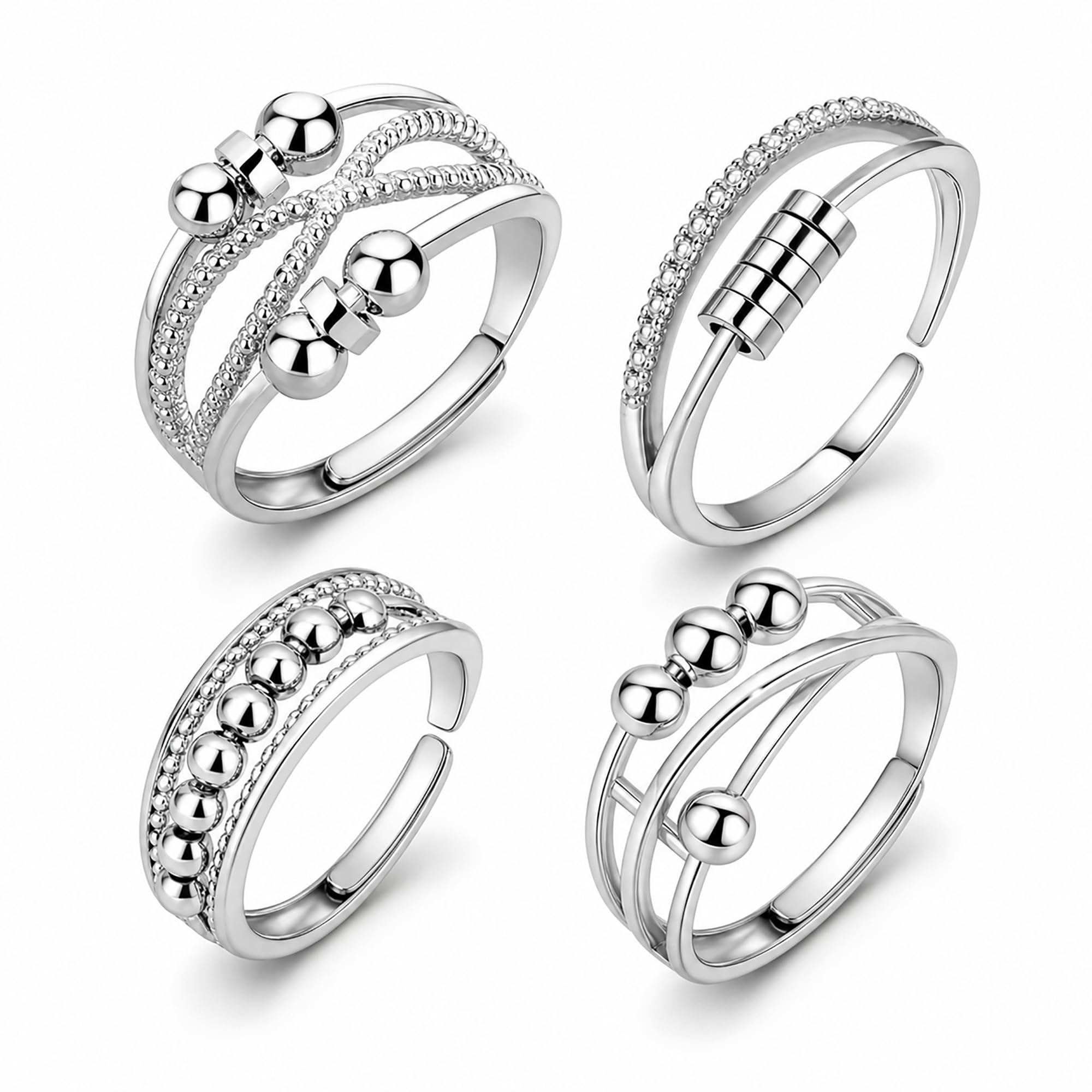 Fidget Rings For Anxiety Women, Silver Adjustable Spinner Rings 4 Pcs