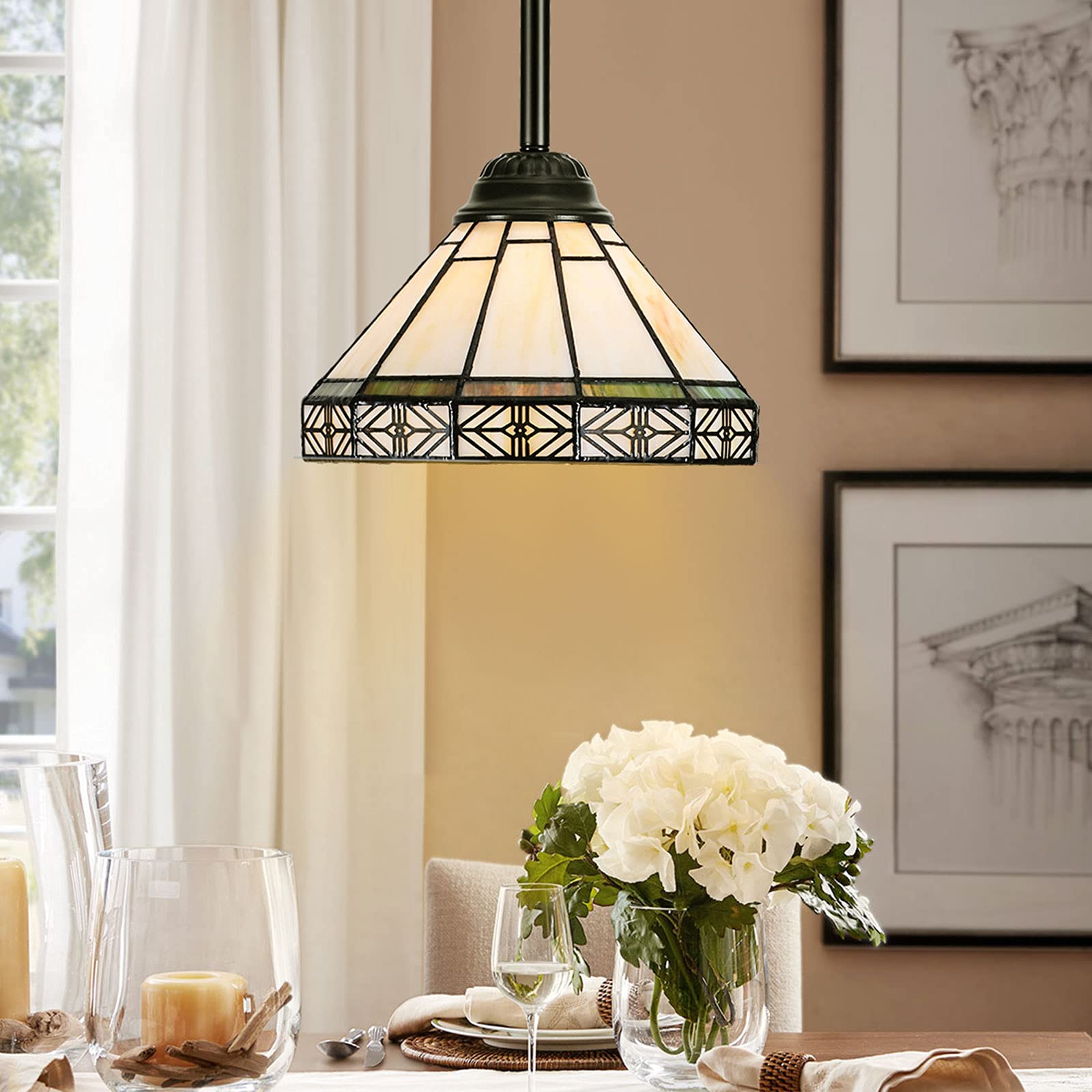 Capulina Tiffany Pendant Light 8'' Wide Stained Glass Lampshade Hanging Lighting for Dining Living Room Kitchen Island
