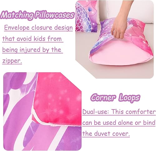 Miniatura 5 de Juego de edredón de sirena de 3 piezas, tamaño matrimonial, juego de edredón degradado, rosa, morado, azul, juego de ropa de cama con patrón de