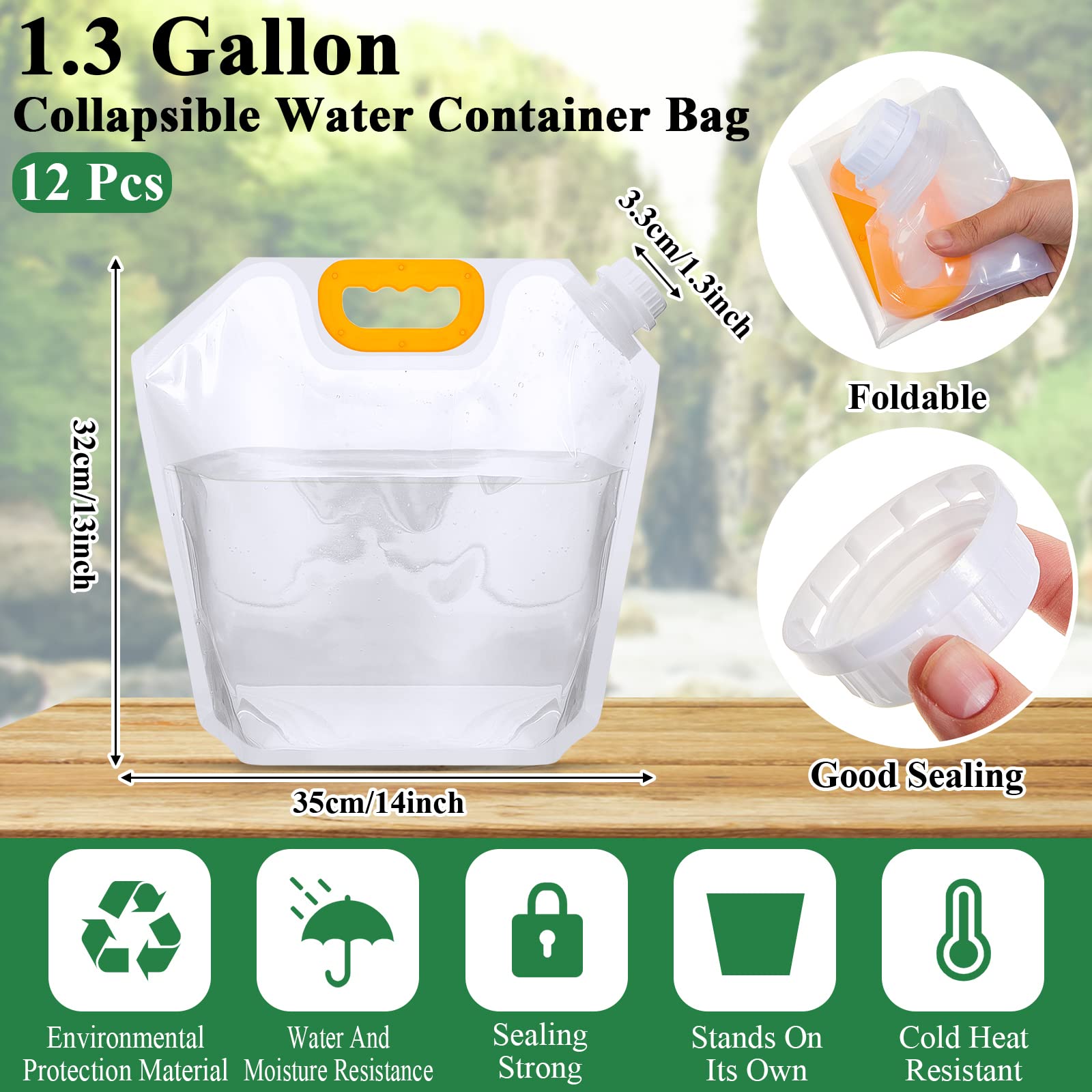 Tessco 12 Pack 1.3 Gallon Collapsible Water Storage Bag Water Container Bag Emergency Jug Foldable Plastic Storage Pouch Freezable Carrier Tank for Outdoor Sport Camping(Clear,Classic)