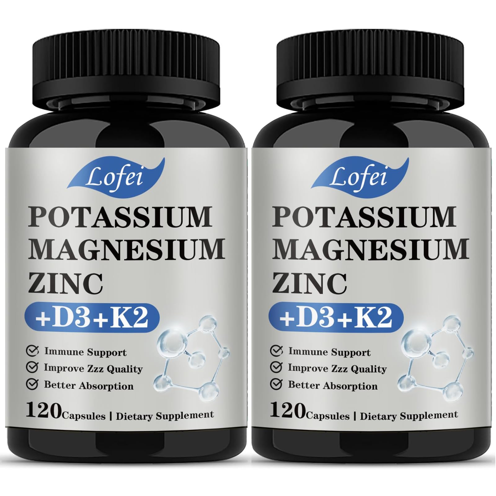 Potassium Magnesium Zinc Supplement,with Vitamin D3& K2,Pack of 2 120 Count (Pack of 2)