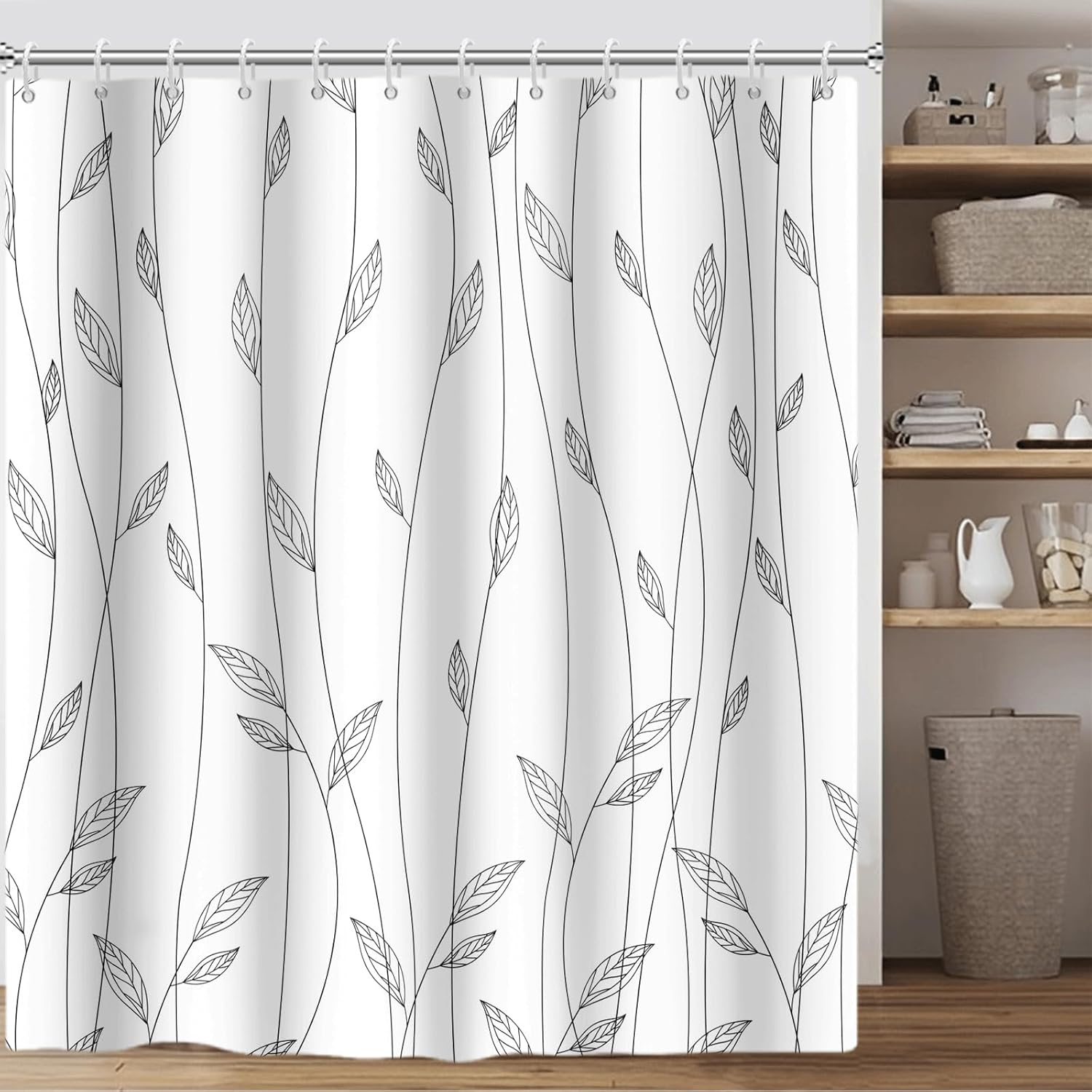 Abstract Leaves Shower Curtain Modern Minimalist Plant Leaves White Bathroom Curtains Waterproof Fabric Boho Geometric Lines Shower Curtain Set with 12 Hooks, 72x78in