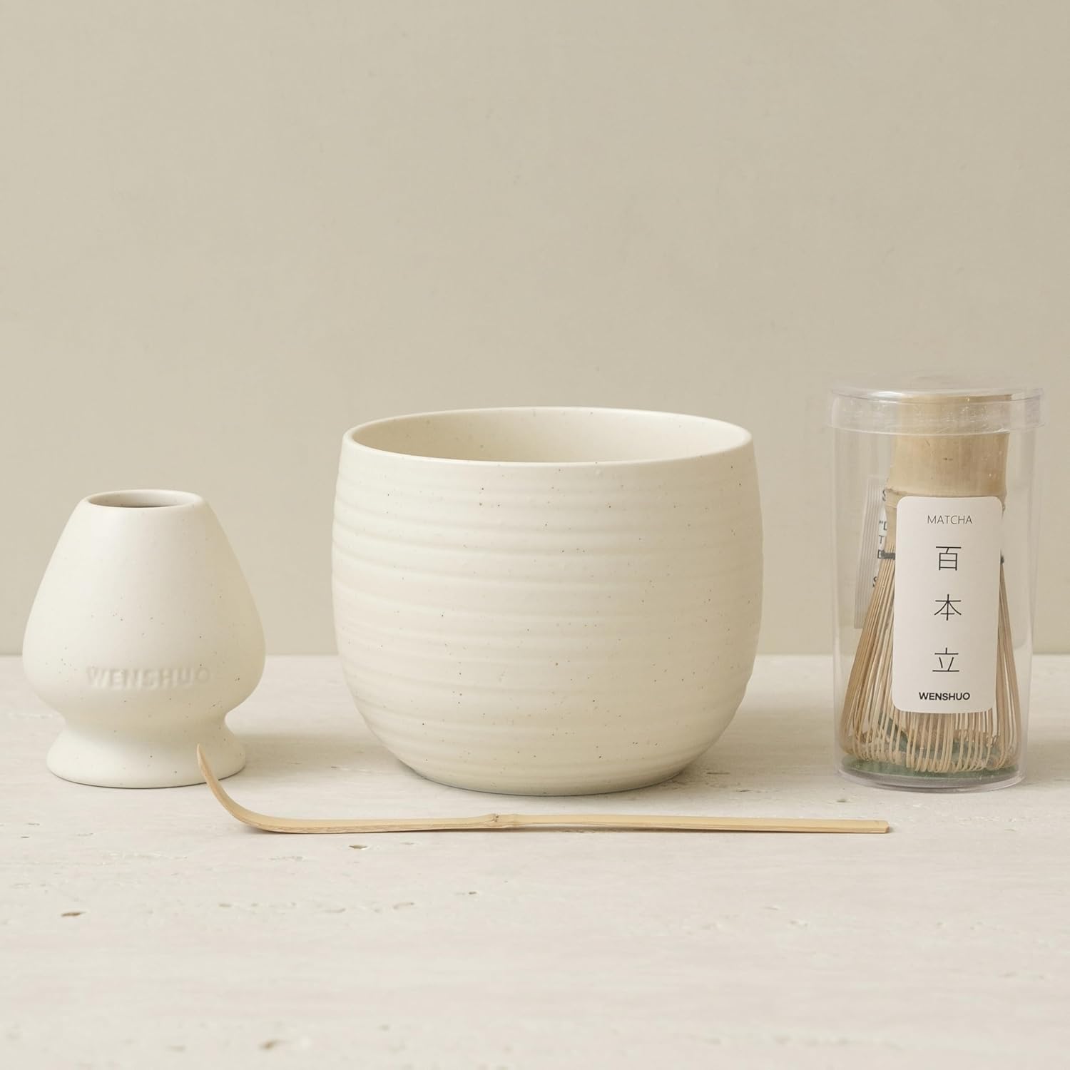 Matcha Whisk Set, Ceramic Matcha Bowl & Whisk Holder, Bamboo Accessory, Modern Design (Matte Crème, Traditional Bowl Design)