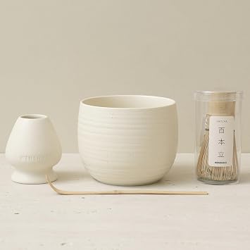 Matcha Whisk Set, Ceramic Matcha Bowl & Whisk Holder, Bamboo Accessory, Modern Design Matte Creme, Traditional Bowl Design
