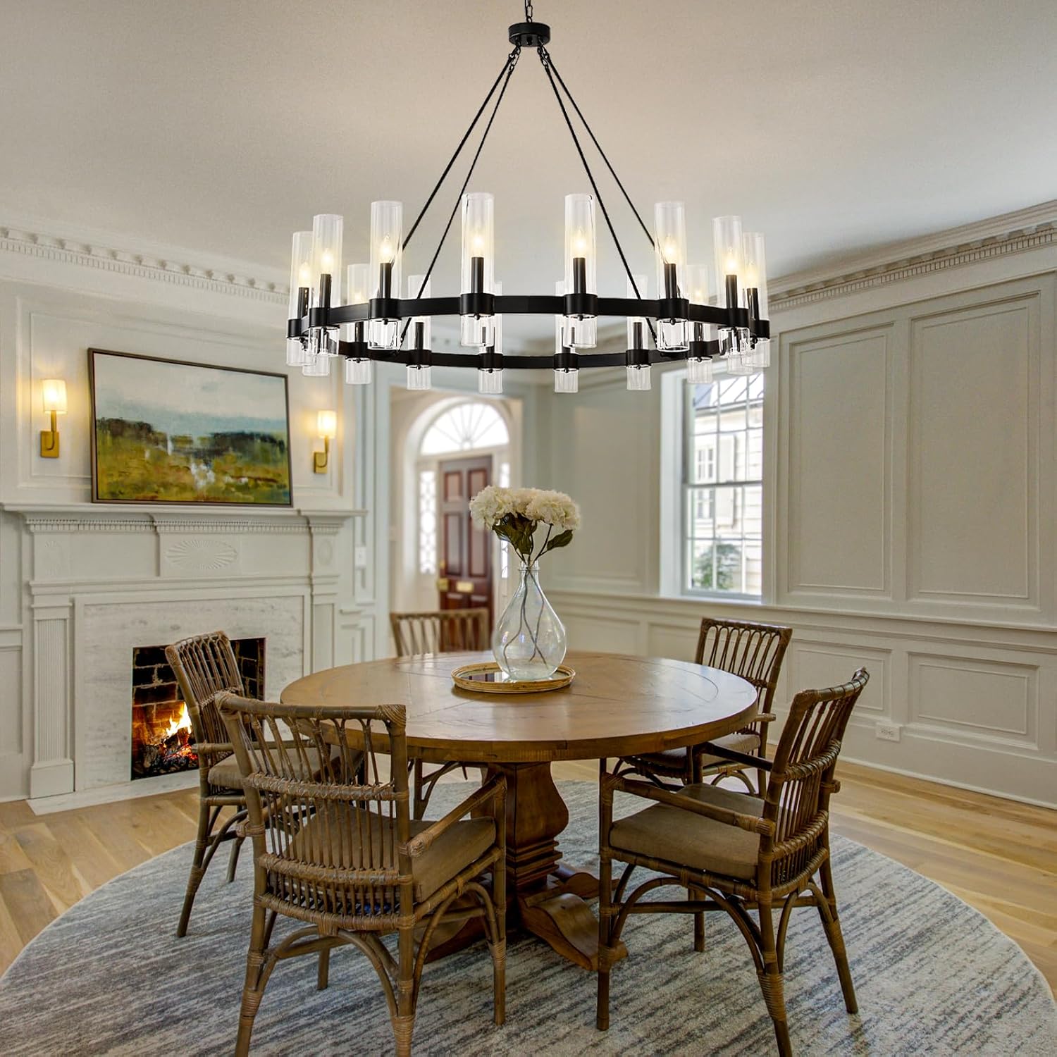 48 Inch Black Wagon Wheel Chandelier with Glass Shade, 16 Lights, Large Modern Farmhouse Style, Ideal for Dining Room, Kitchen, Entryways