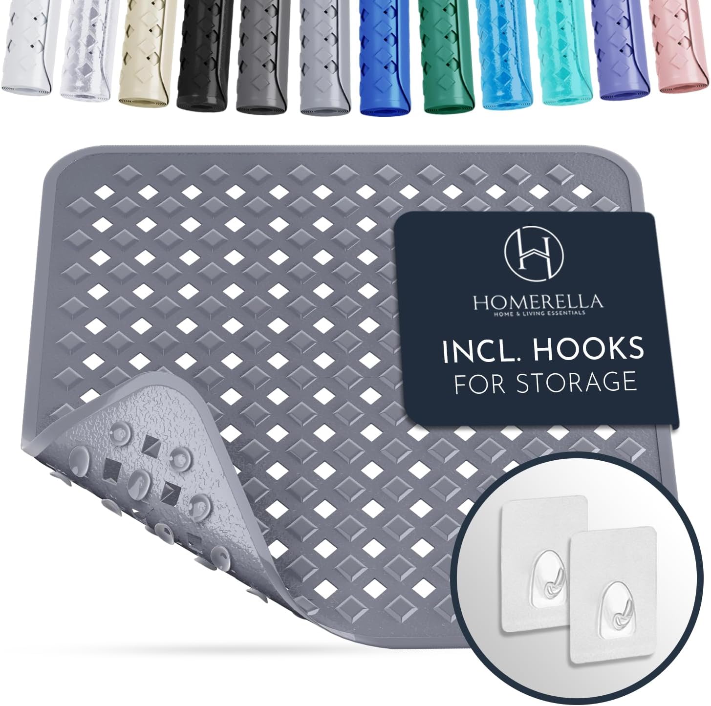 Homerella Anti Slip Shower Mat | Anti Mold Non Slip Bathtub Mat for Inside Shower | Square Floor Shower Mat 21 x 21 inch with Suction Cups for Grip & Hooks Hanging and Quick Drying | Machine Washable Grey