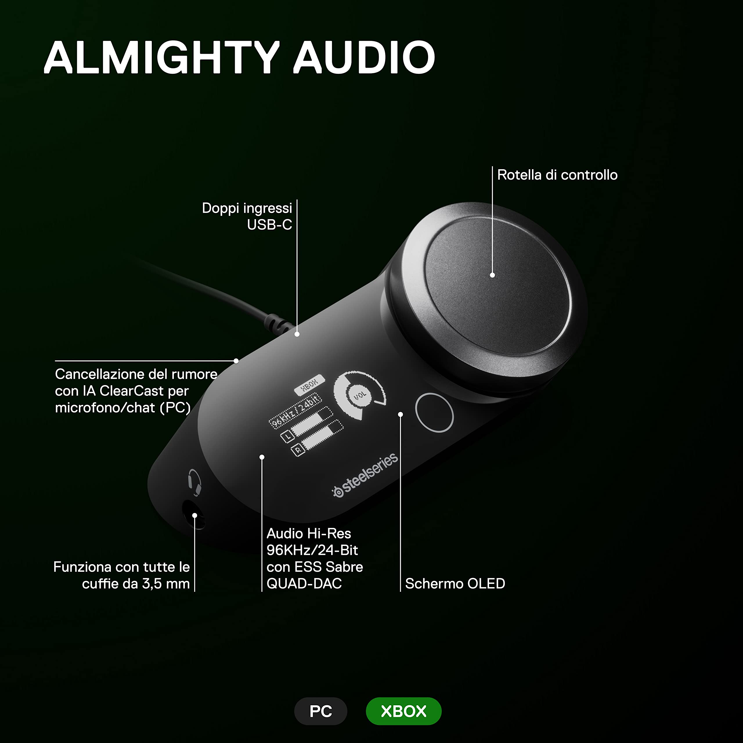 SteelSeries GameDAC Gen 2 (Xbox) Amplificatore audio Hi-Res - ESS Sabre Quad-DAC - Cancellazione del rumore basata sull'intelligenza artificiale - Audio surround a 360 gradi - Certificazione Hi-Res -