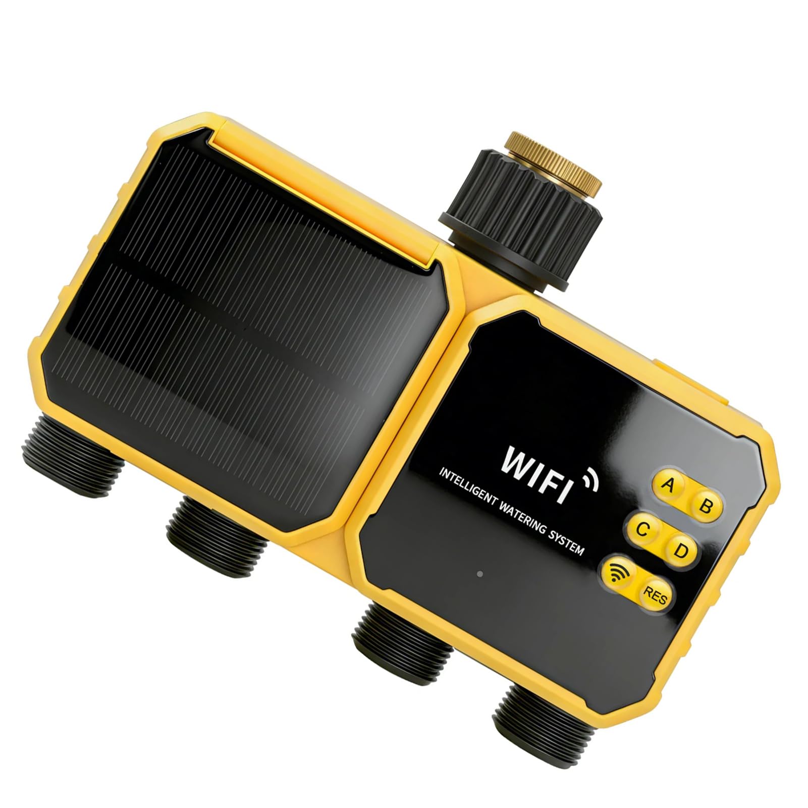 Goshyda Temporizador de Agua Solar WiFi de 4 Zonas, Controlador de Riego Automático Controlado por Aplicación, Temporizador de Aspersor Inteligente con Panel Solar, Sensor de Lluvia y Panel (Rosca
