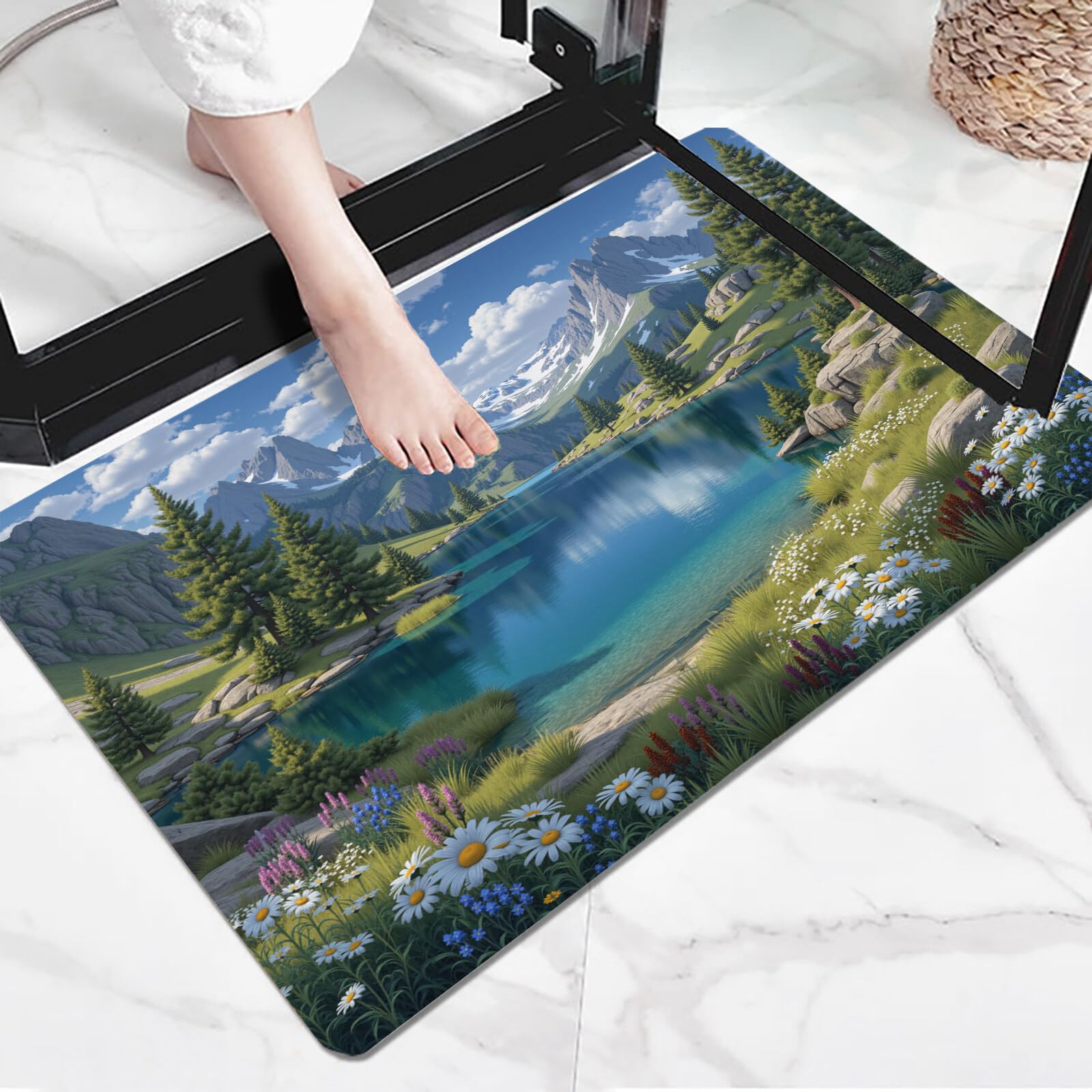 Tapete Verde Lagos De Montañas Cubiertas De Nieve Puerta Felpudo De Entrada Exterior Atrapar Suciedad Alfombra Ilustración De Paisaje Para Interior Jardines Cocina Pasillo Trasera Delantera, 90X150Cm