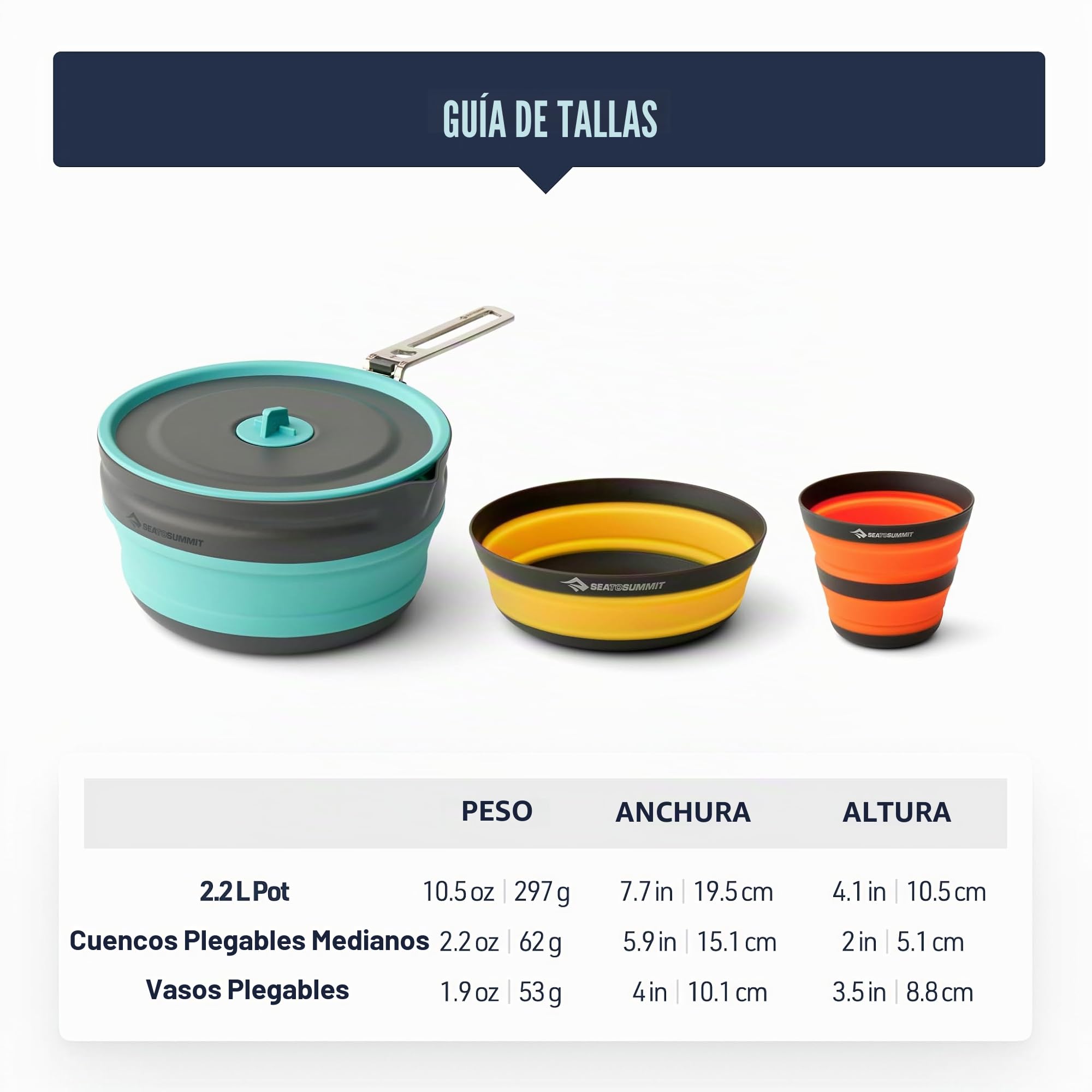 Sea to Summit - Kit de Cocina Plegable Ultraligero para 2 Personas (1 Cacerola, 2 Cuencos, 2 Tazas) de Silicona de Grado alimenticio, Aluminio anodizado Duro