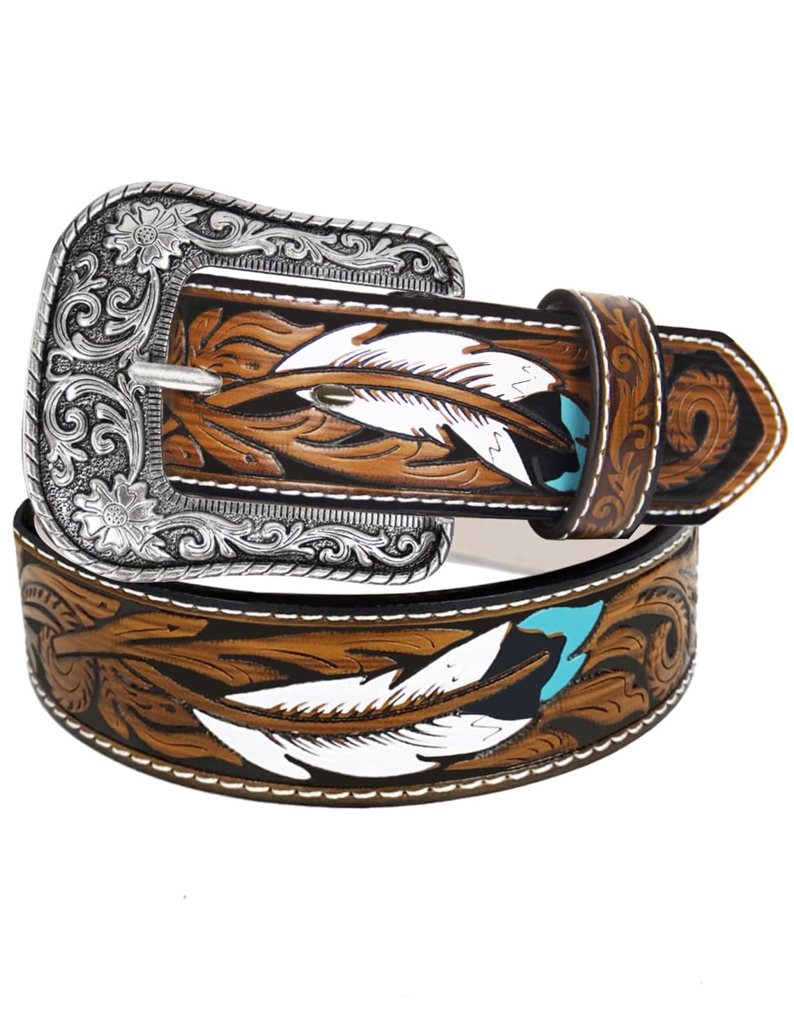 TOPACCWomen's Men's Western Belt Cowgirl Cowboy Brown Turquoise Feather Embossed belts for Jeans Dresses