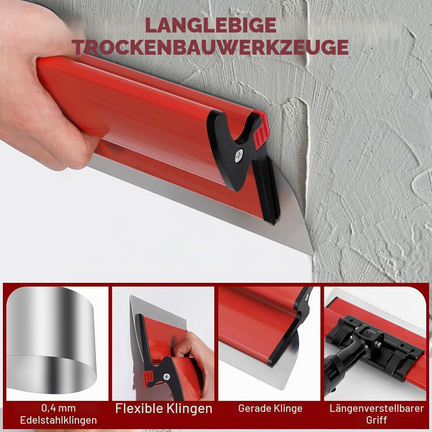 Flächenspachtel set,Edelstahl Trockenbau Glättung Spachtel mit 70-158cm Teleskopstange (25cm + 40cm +60cm)