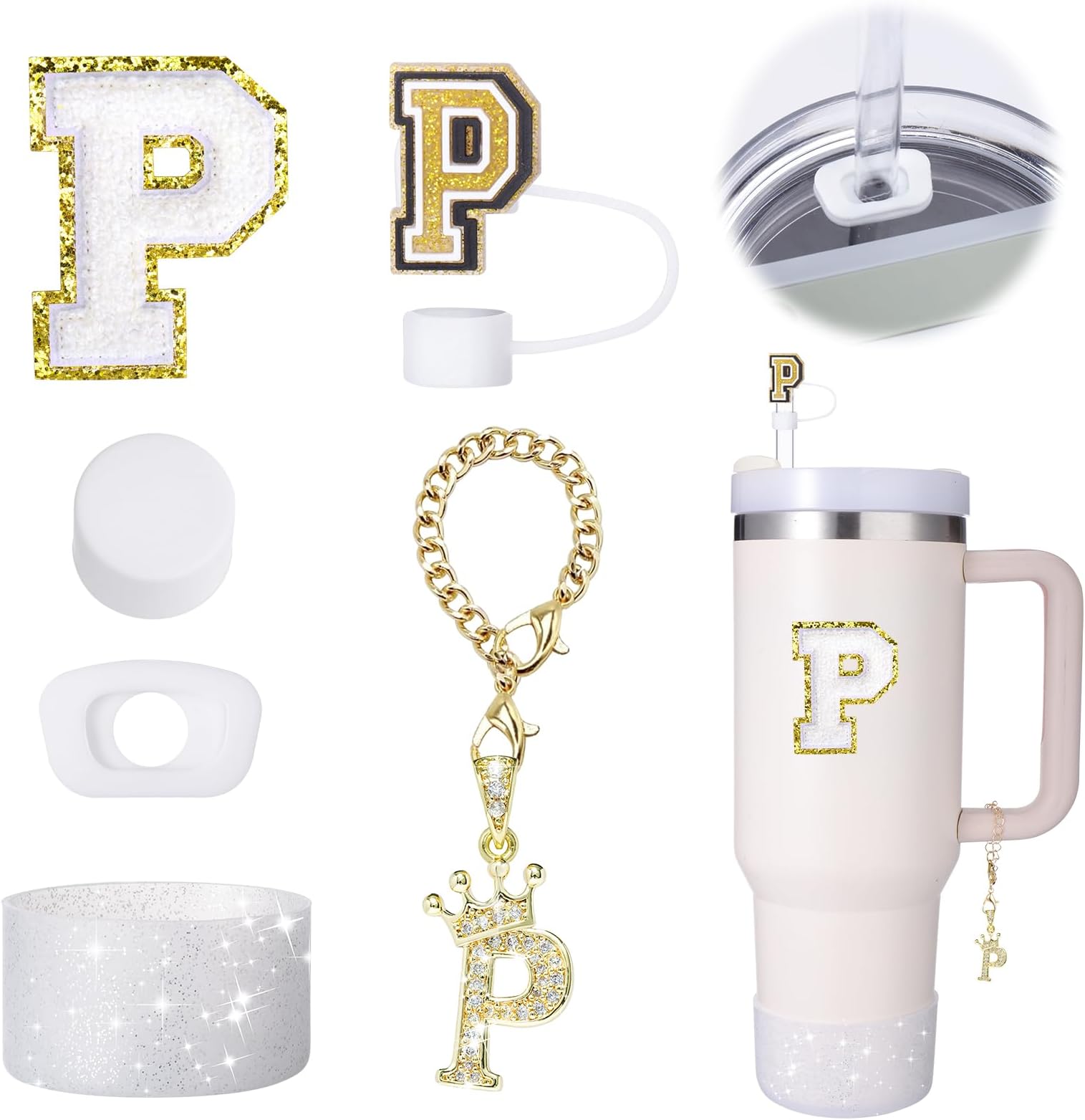 Mity Rain Cup Accessories Set for Stanley Tumbler (30/40 oz), with Handle, Straw Cover, Charm, Silicone Boot, Spill-Proof Stopper, Letter P