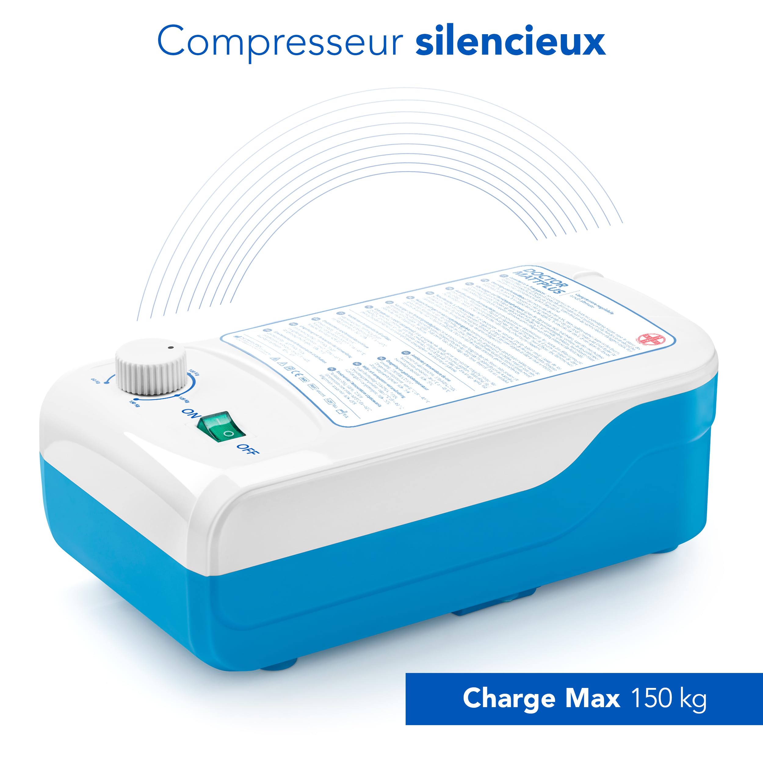 AIESI® Matelas Anti escarres à éléments interchangeables avec compresseur à cycle alterné réglable DOCTOR MATTPLUS, 22 éléments, Capacité 150 Kg, Silent, Garantie 24 mois