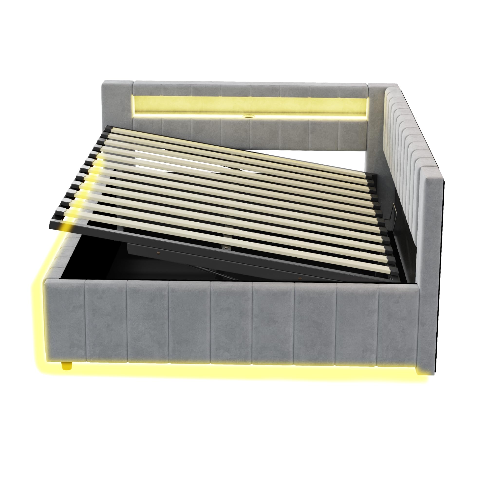 Polsterbett Schlafsofa 140x200, Doppelbett mit Hydraulischem Stauraum, mit LED-Licht und USB-Ladefunktion, Tagesbett Jugendbett mit Lattenrost, Samtstoff, ohne Matratze, Hellgrau