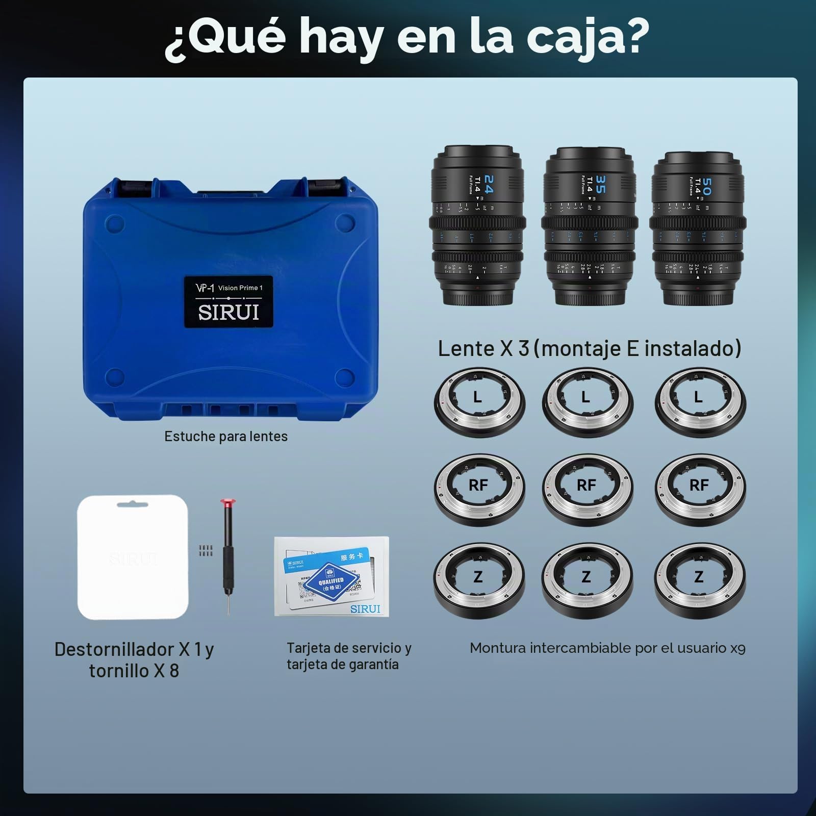 SIRUI VP-1 Vision Prime 1 T1.4 Full Frame Cine Lens Set, 24mm, 35mm, 50mm Lente de Cine de Enfoque Manual con Preinstalación E Montura, Interchangeable RF/Z/L Monturas, 1 Lens para 4 Monturas (Black)