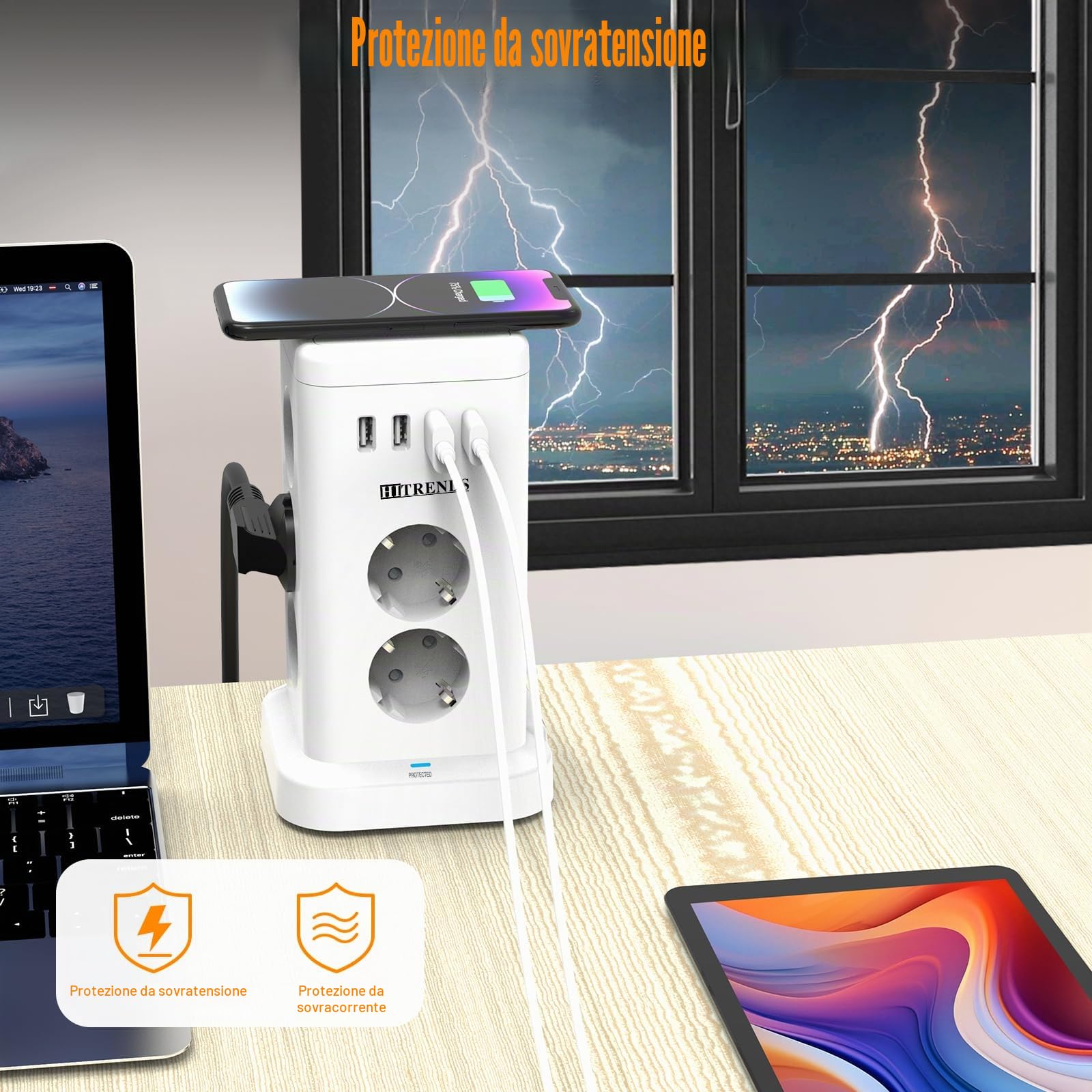 Presa multipla con caricatore wireless da 15 W e 11 connettori (Schuko + USB) Protezione da sovratensione, commutabile, cavo di prolunga 2 m, bianco, cucina/ufficio