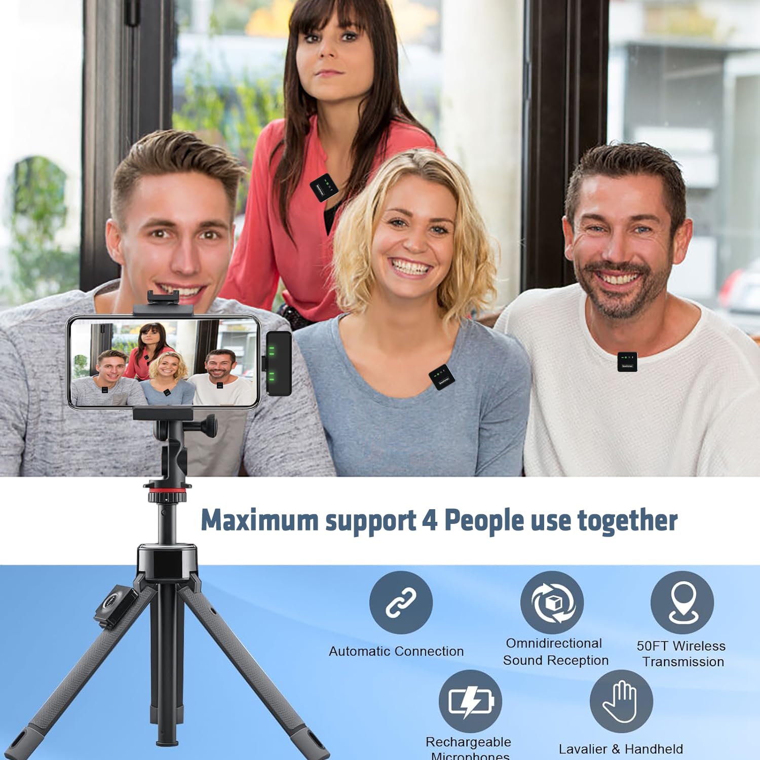 lewinner 4-Pack Wireless Lavalier Microphone for iPhone, iPad and Android?USB-C?, 12H Battery Life, Mini Microphone for Record Interview, Vlogs, YouTube, Tiktok (Black)