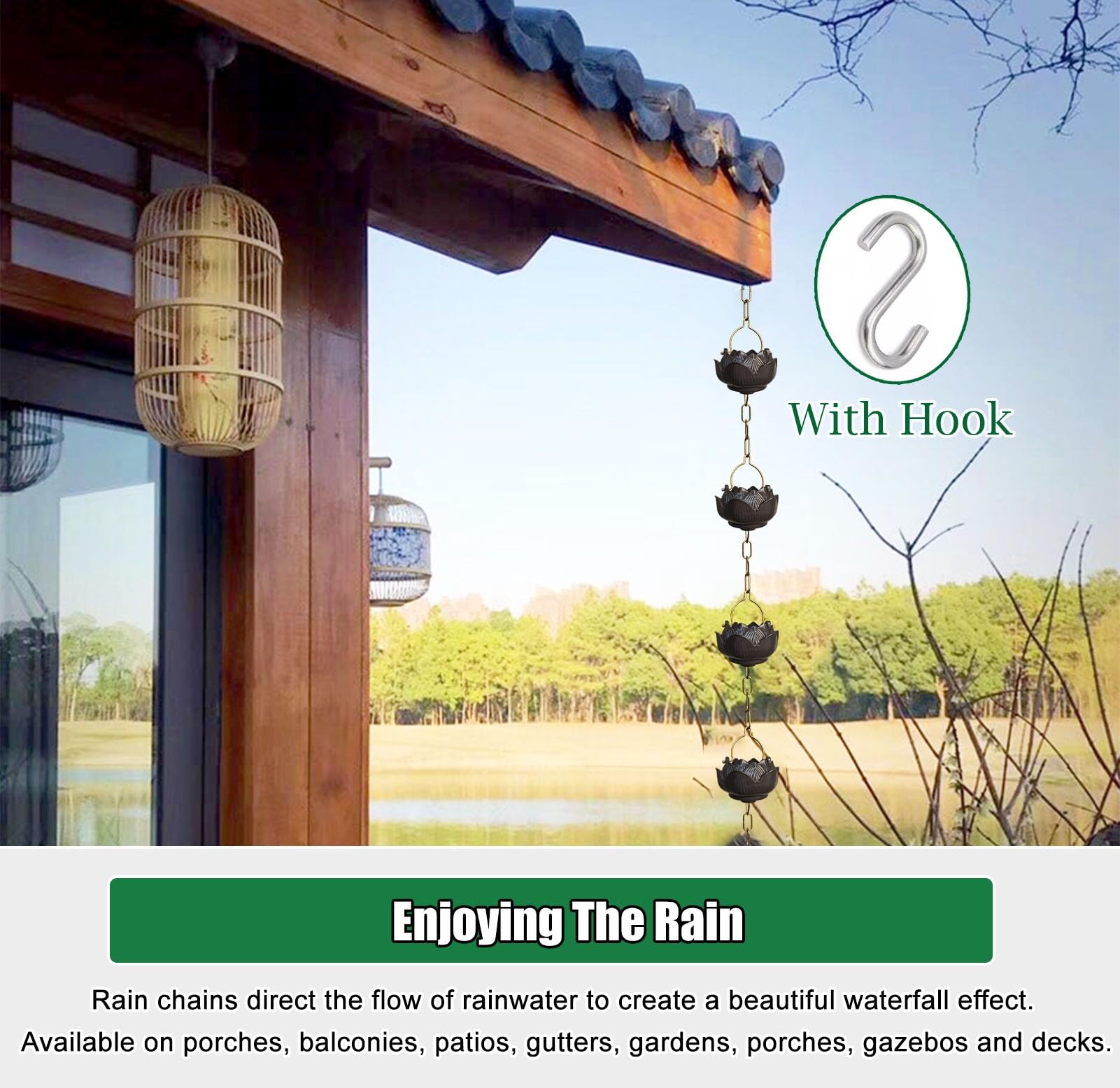 Catena Di Pioggia Decorativa Per Giardino - 42,52 Pollici, Con Campanelli A Campana, Stile Retrò Per Grondaie - Foto 2